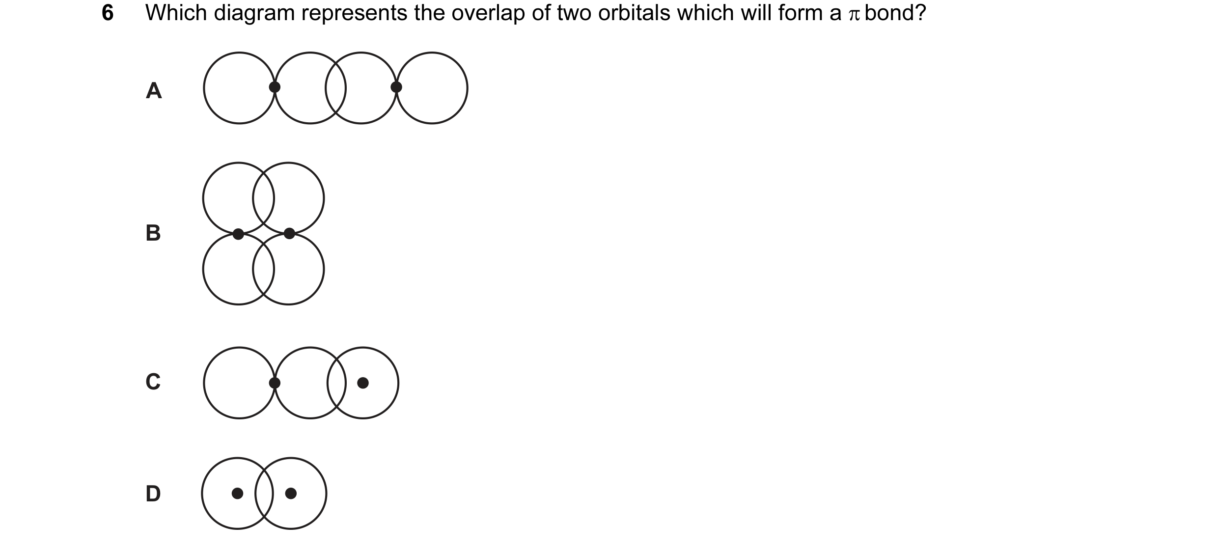 Question 18: Which diagram represents the overlap of two orbitals which will form a π bond? A B C D