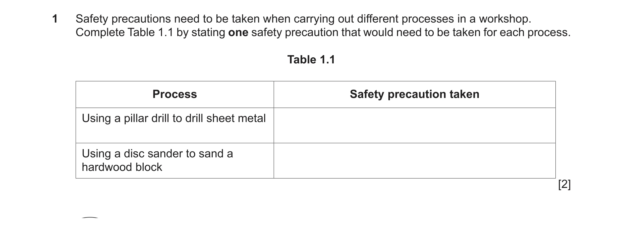 Question 74: Safety precautions need to be taken when carrying out different processes in a workshop. Complete Table 1.1 by stating one safety precautio…