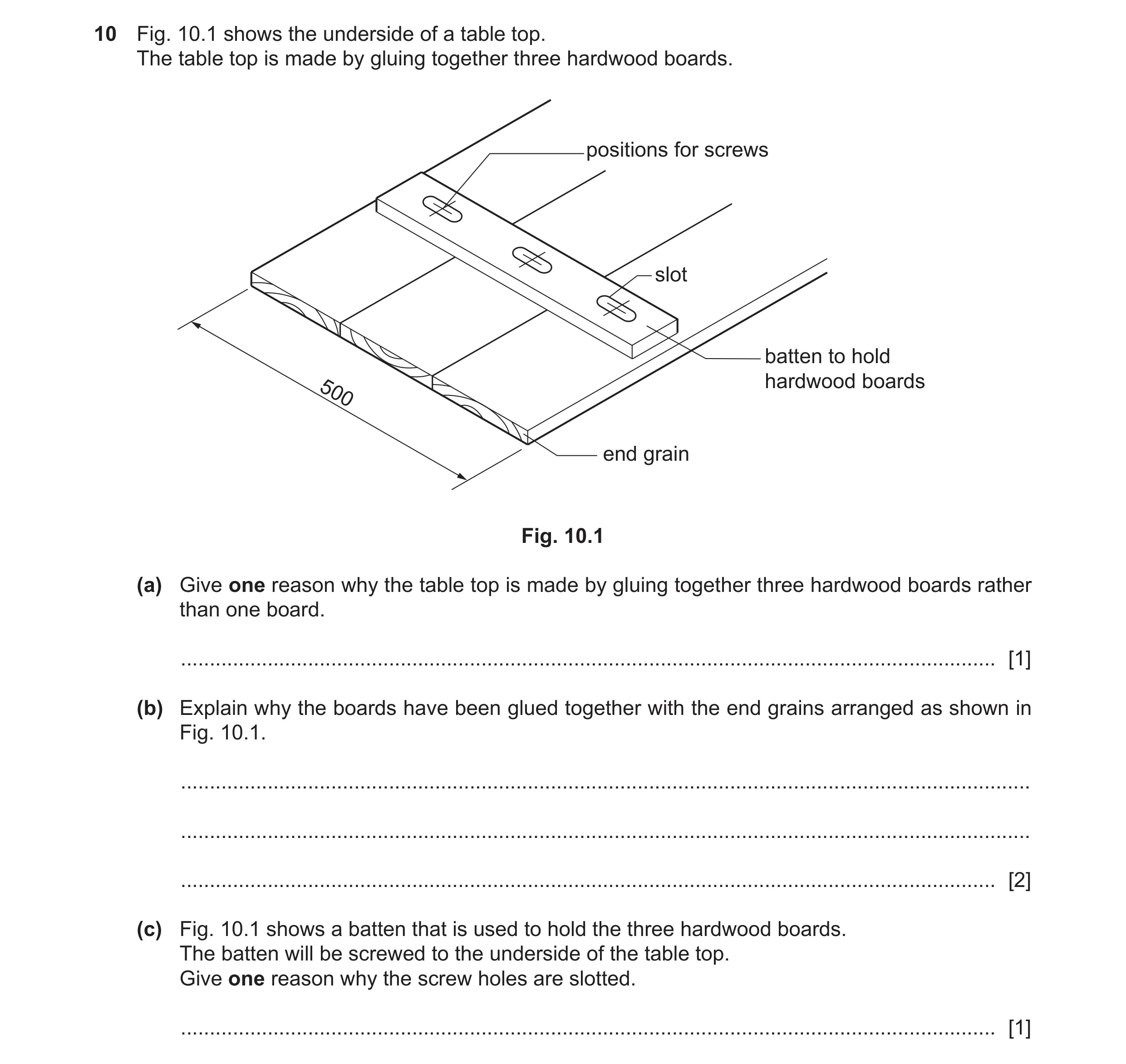 Question 252: Fig. 10.1 shows the underside of a table top. The table top is made by gluing together three hardwood boards. positions for screws slot bat…