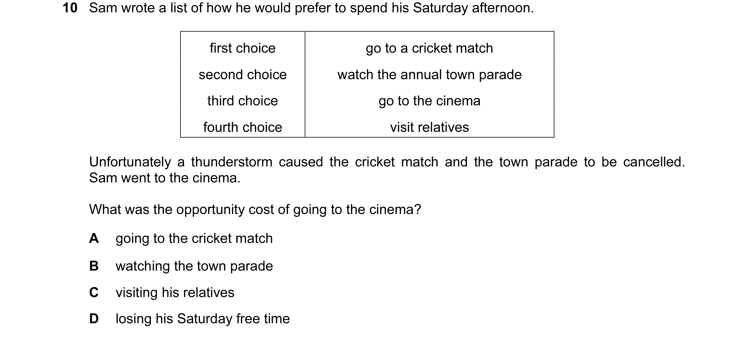 Question 33: Sam wrote a list of how he would prefer to spend his Saturday afternoon. first choice go to a cricket match second choice watch the annual …