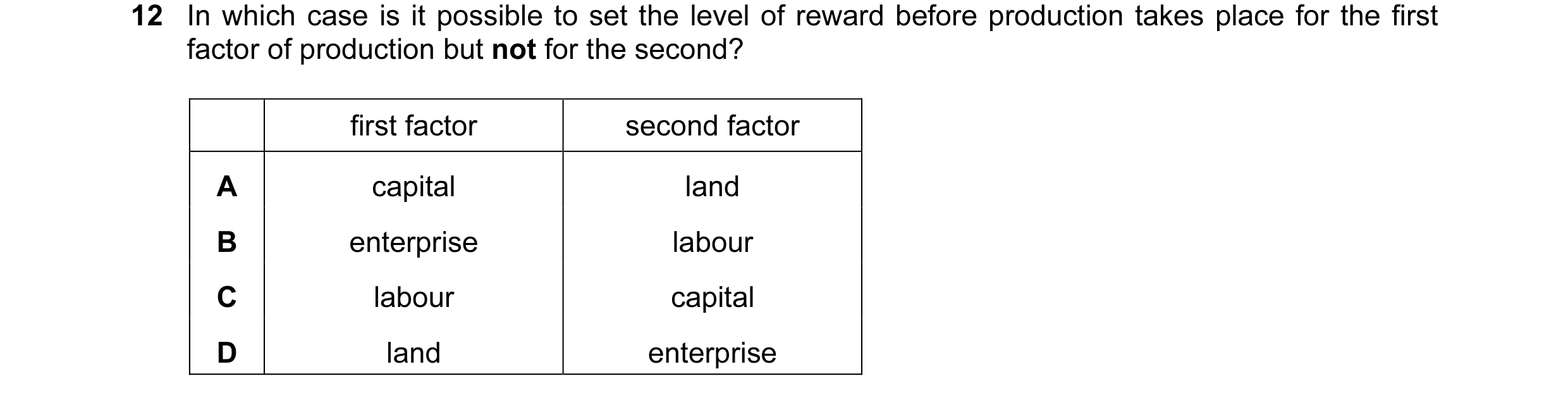 Question 37: In which case is it possible to set the level of reward before production takes place for the first factor of production but not for the se…