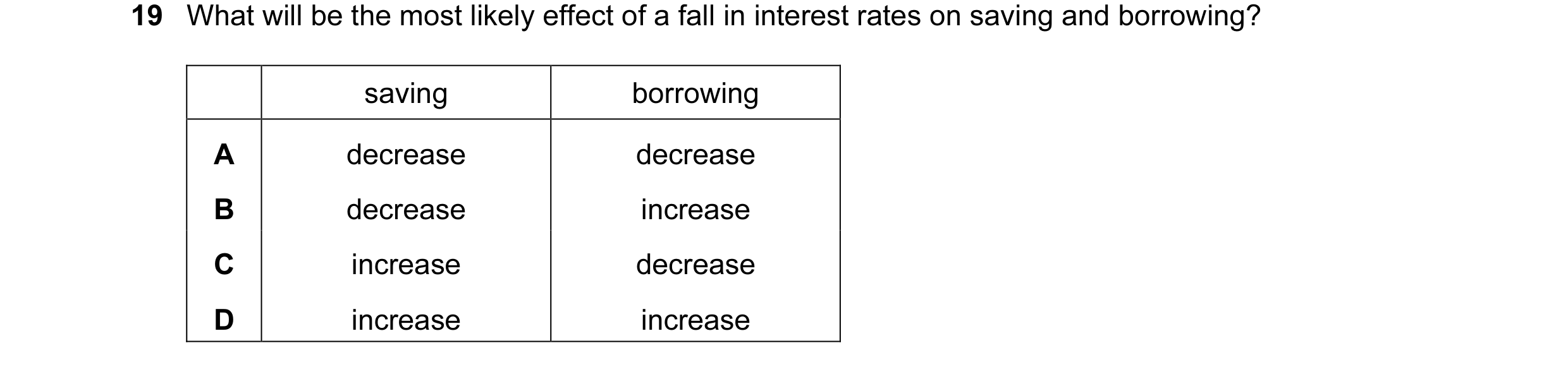Question 32: What will be the most likely effect of a fall in interest rates on saving and borrowing? saving borrowing A decrease decrease B decrease in…