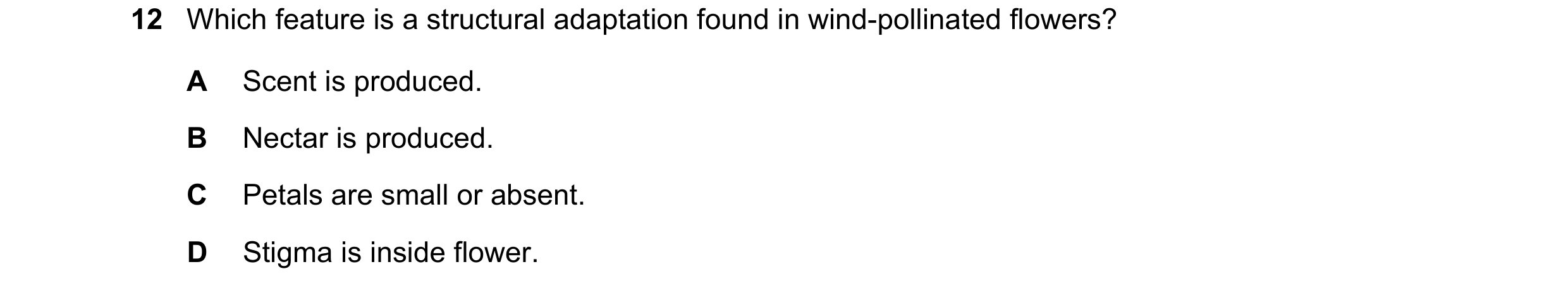 Question 55: Which feature is a structural adaptation found in wind-pollinated flowers? A Scent is produced. B Nectar is produced. C Petals are small or…
