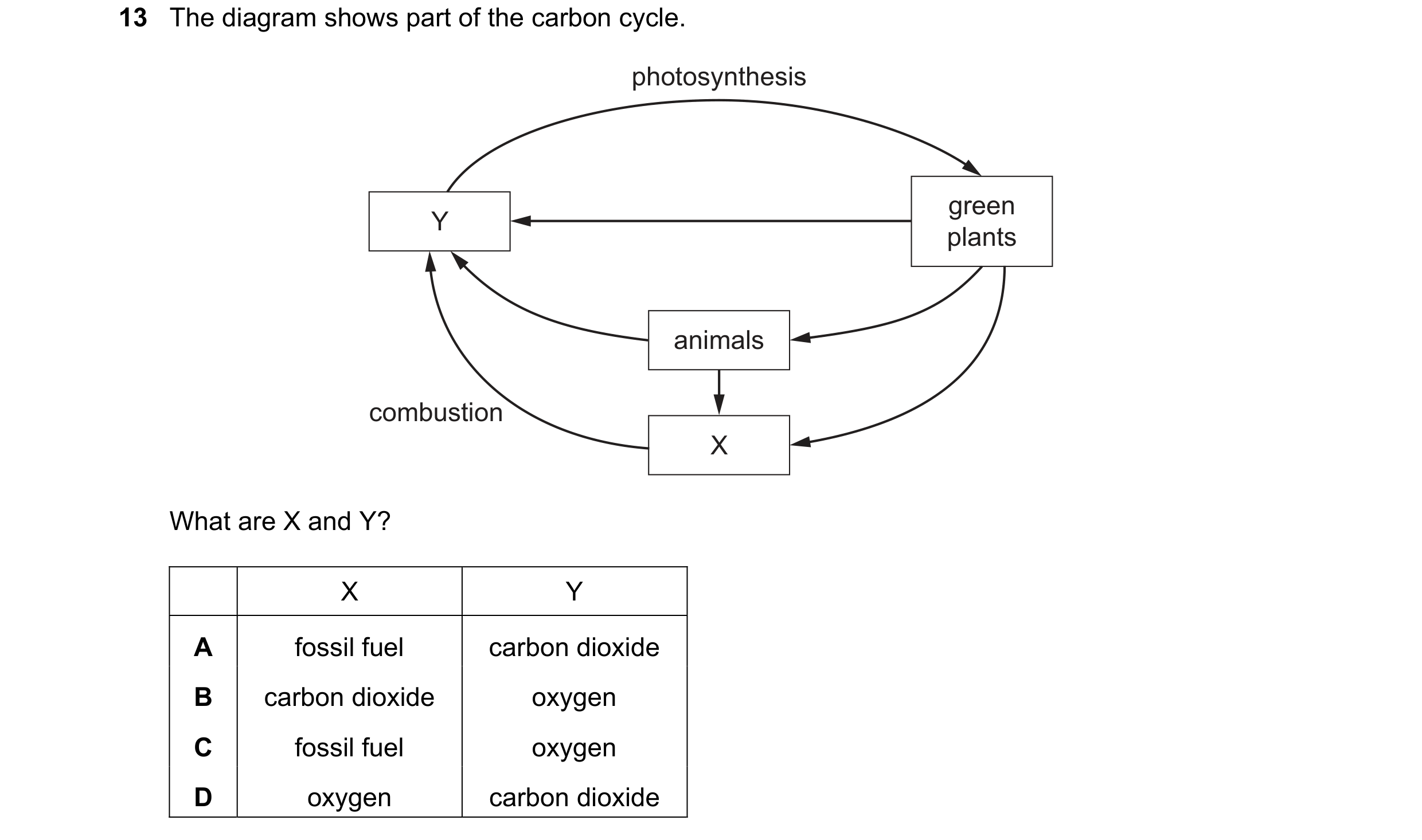 Question 10: The diagram shows part of the carbon cycle. photosynthesis green Y plants animals combustion X What are X and Y? X Y A fossil fuel carbon d…