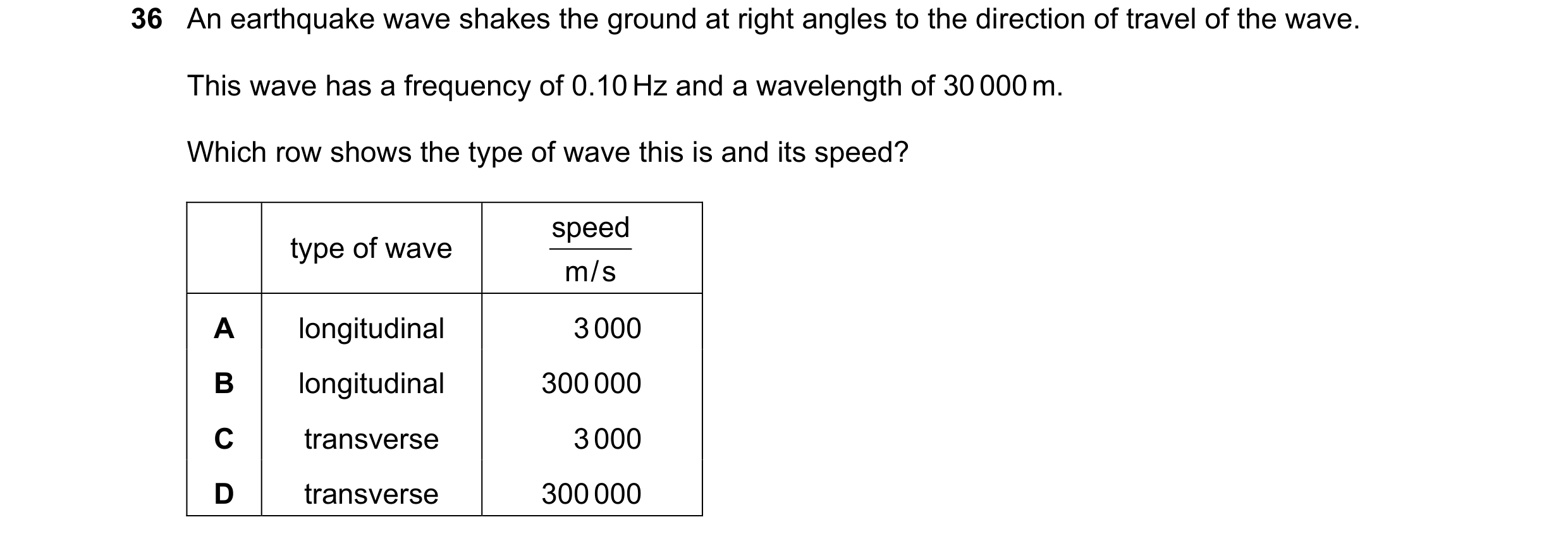 Question 50: An earthquake wave shakes the ground at right angles to the direction of travel of the wave. This wave has a frequency of 0.10 Hz and a wav…