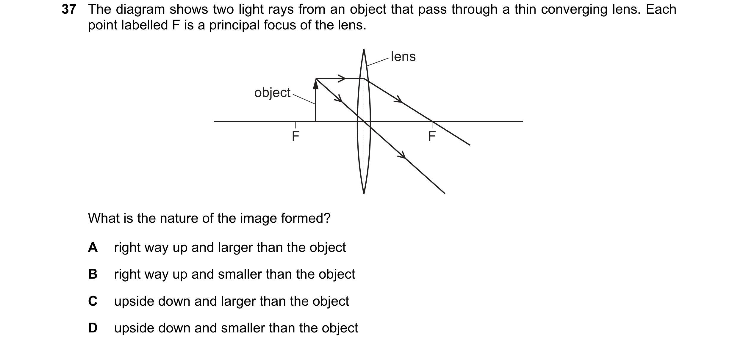 Question 43: The diagram shows two light rays from an object that pass through a thin converging lens. Each point labelled F is a principal focus of the…