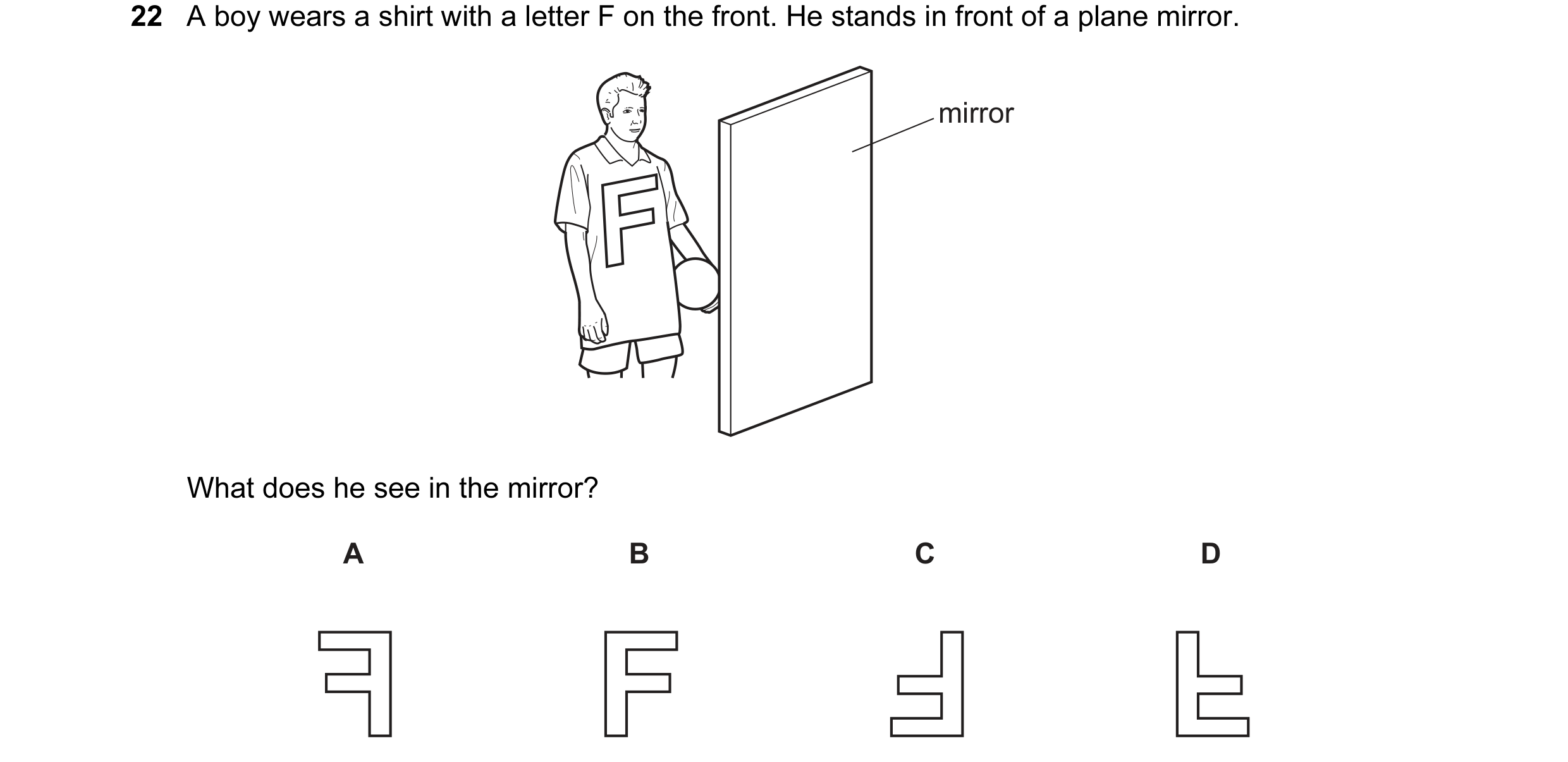 Question 62: A boy wears a shirt with a letter F on the front. He stands in front of a plane mirror. mirror What does he see in the mirror? A B C D