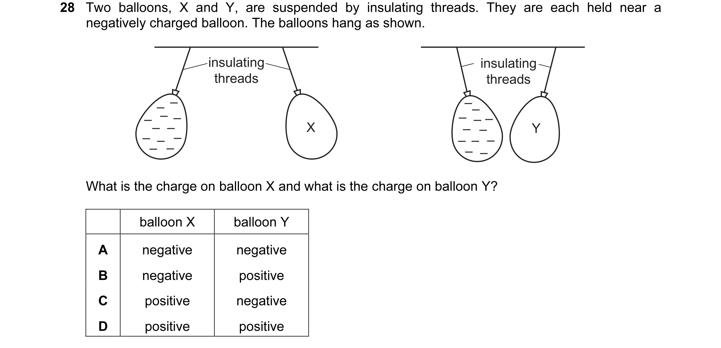 Question 130: Two balloons, X and Y, are suspended by insulating threads. They are each held near a negatively charged balloon. The balloons hang as show…