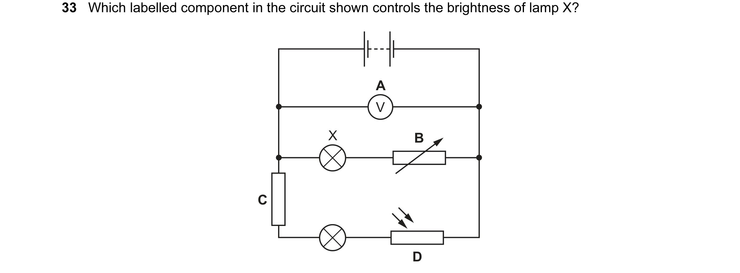 Question 131: Which labelled component in the circuit shown controls the brightness of lamp X? A V X B C D