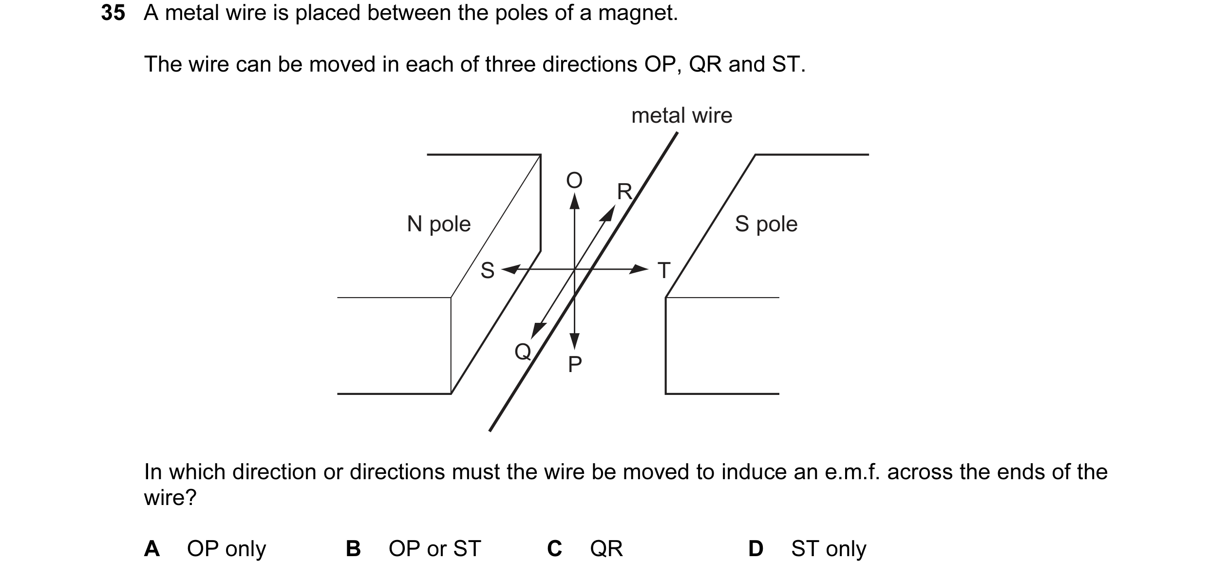 Question 92: A metal wire is placed between the poles of a magnet. The wire can be moved in each of three directions OP, QR and ST. metal wire O R N pol…