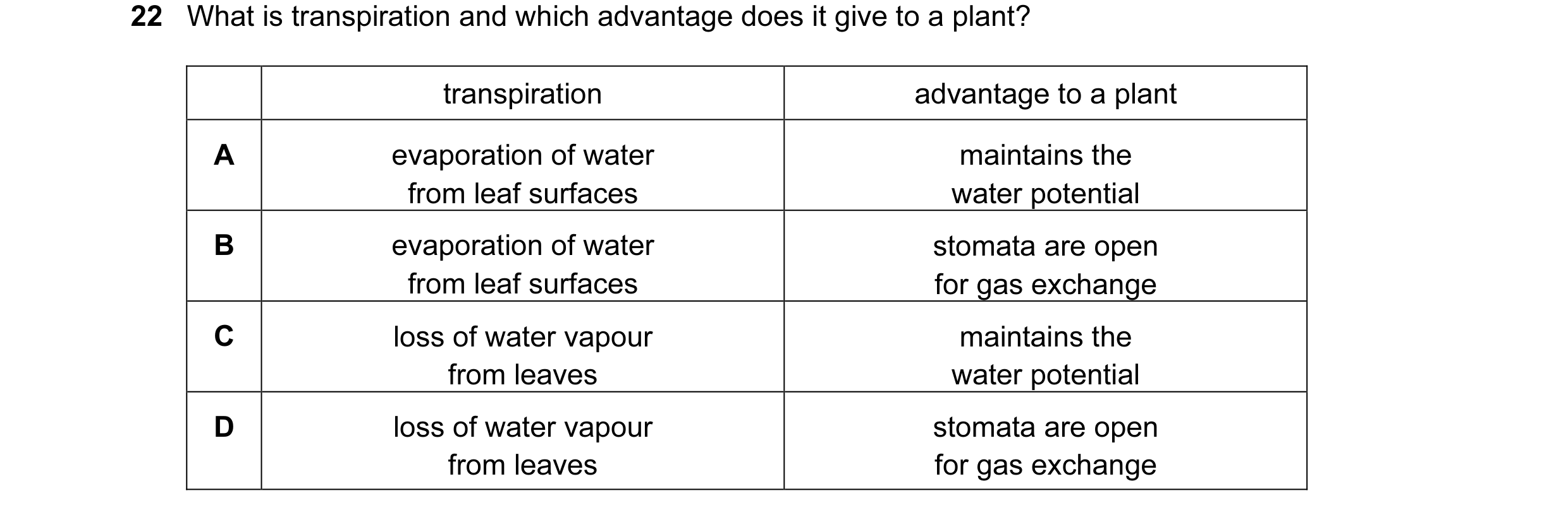Question 84: What is transpiration and which advantage does it give to a plant? transpiration advantage to a plant A evaporation of water maintains the …