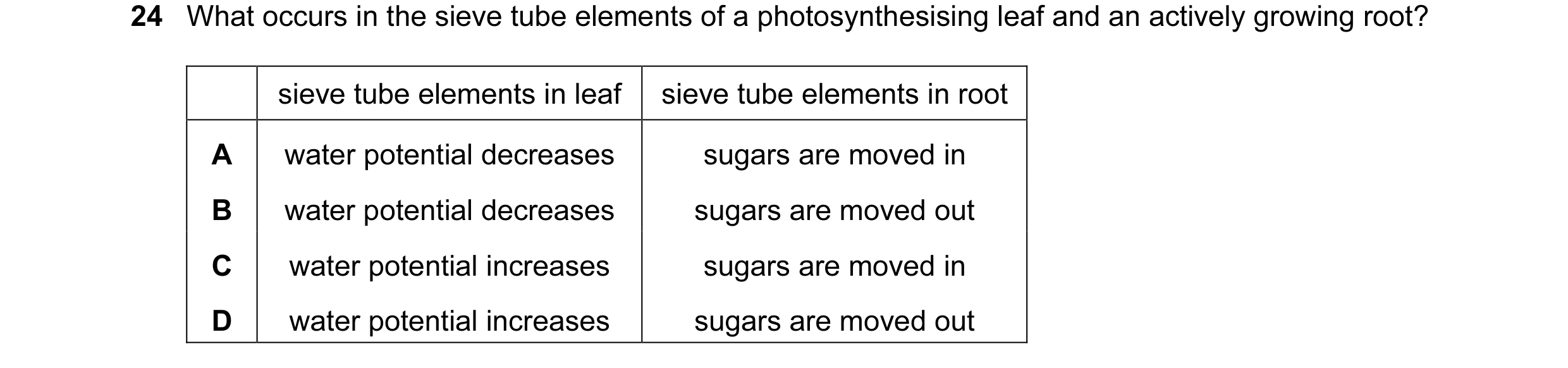 Question 85: What occurs in the sieve tube elements of a photosynthesising leaf and an actively growing root? sieve tube elements in leaf sieve tube ele…