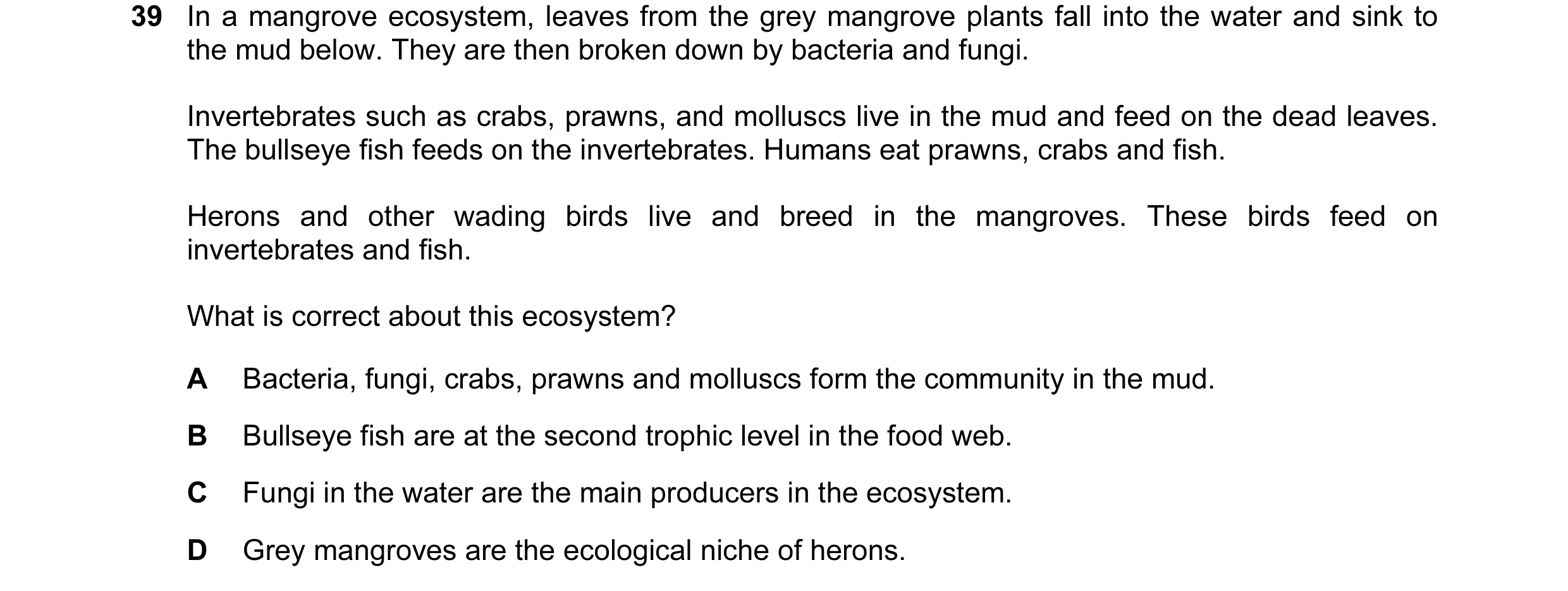 Question 55: In a mangrove ecosystem, leaves from the grey mangrove plants fall into the water and sink to the mud below. They are then broken down by b…