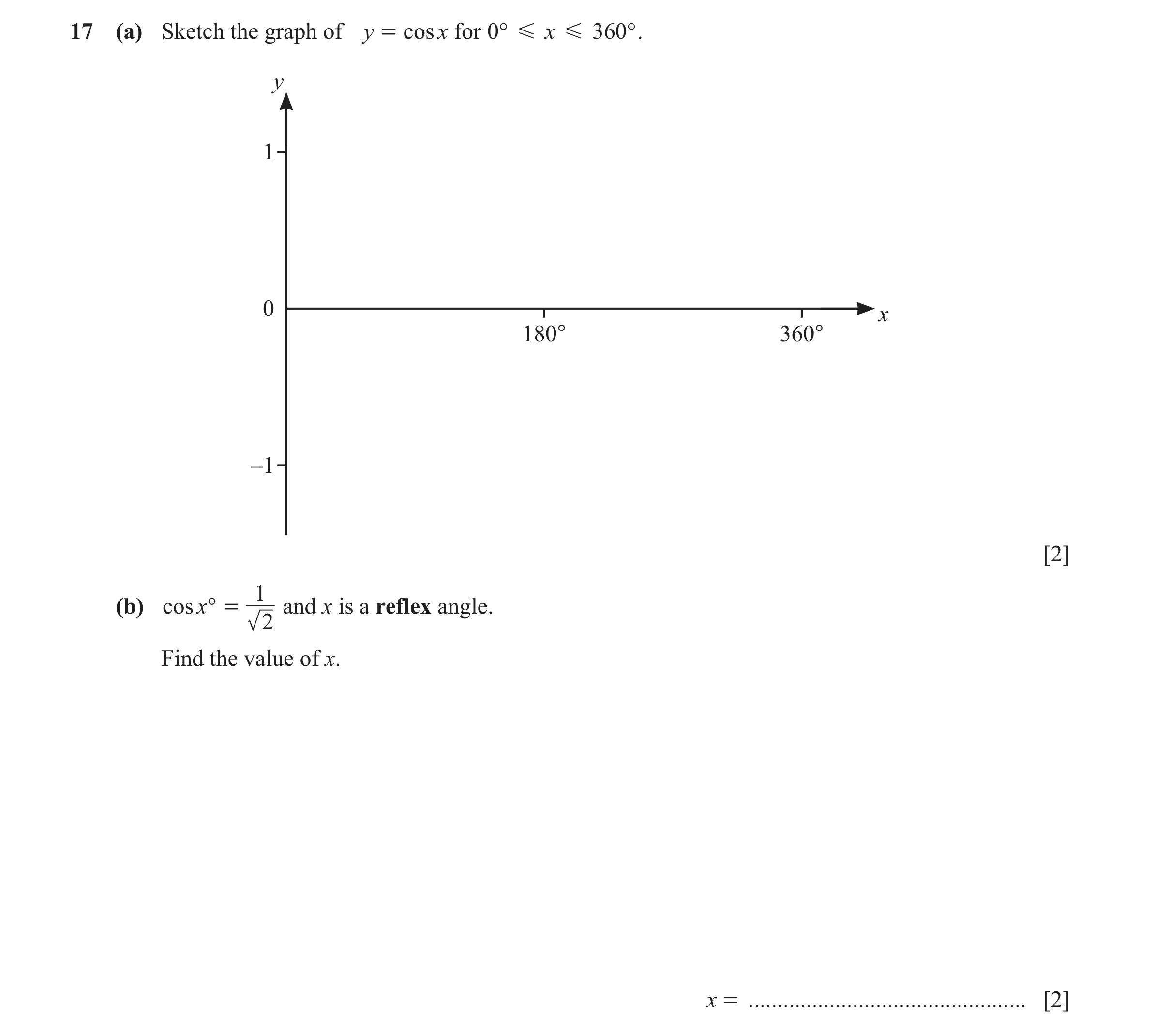 Question 23: (a) Sketch the graph of y = cos x for 0 ° G x G 360 ° . y 1 0 x 180° 360° –1 [2] 1 (b) cos x° = and x is a reflex angle. 2 Find the value o…