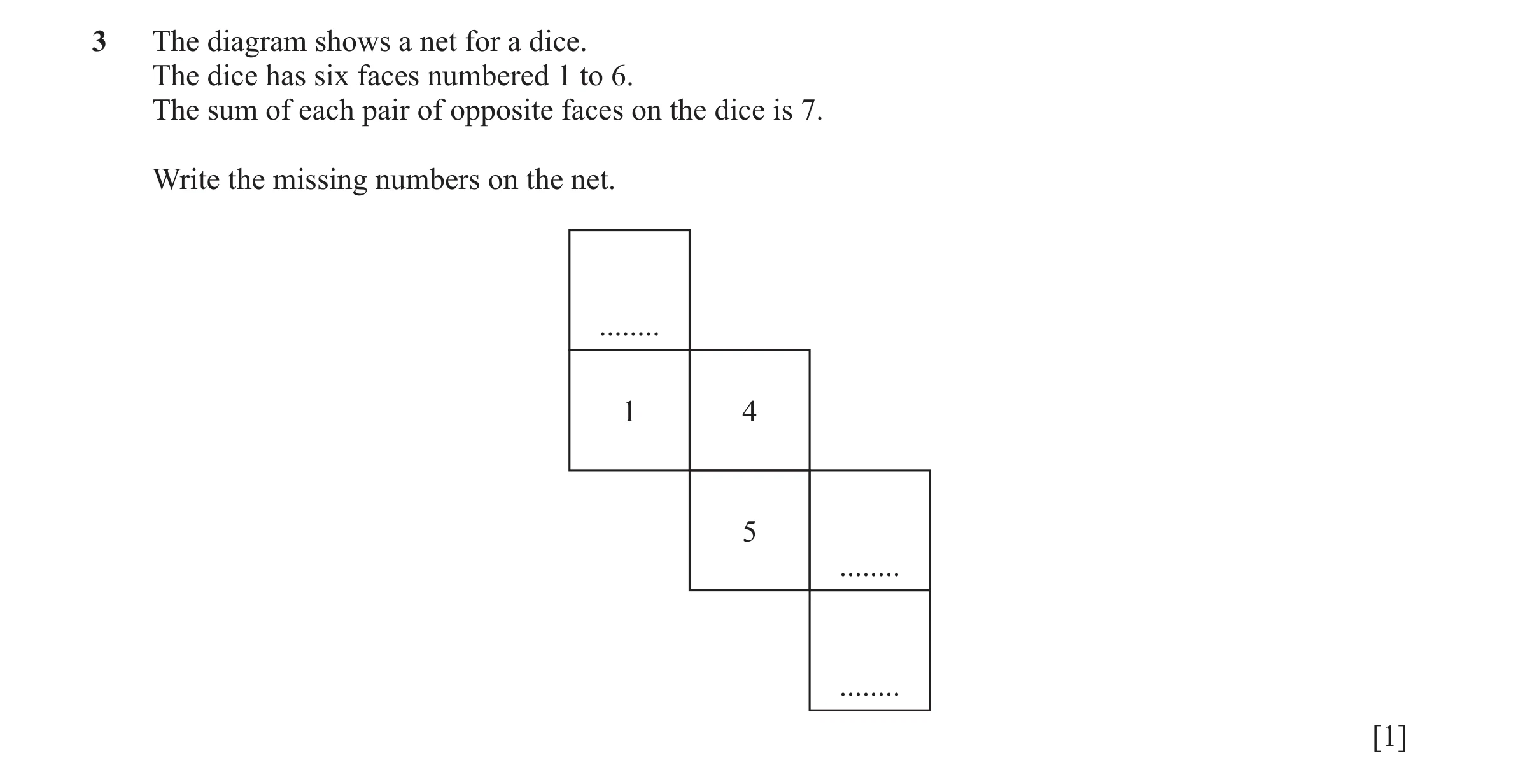 Question 63: The diagram shows a net for a dice. The dice has six faces numbered 1 to 6. The sum of each pair of opposite faces on the dice is 7. Write …