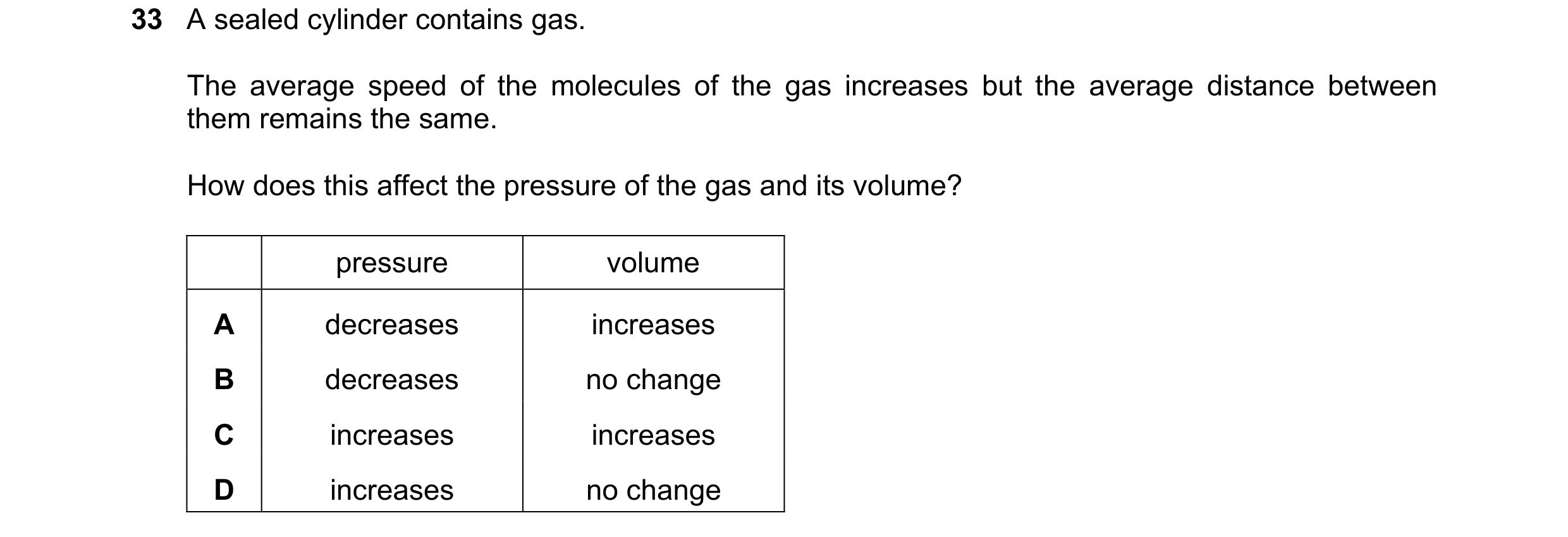 Question 5: A sealed cylinder contains gas. The average speed of the molecules of the gas increases but the average distance between them remains the s…