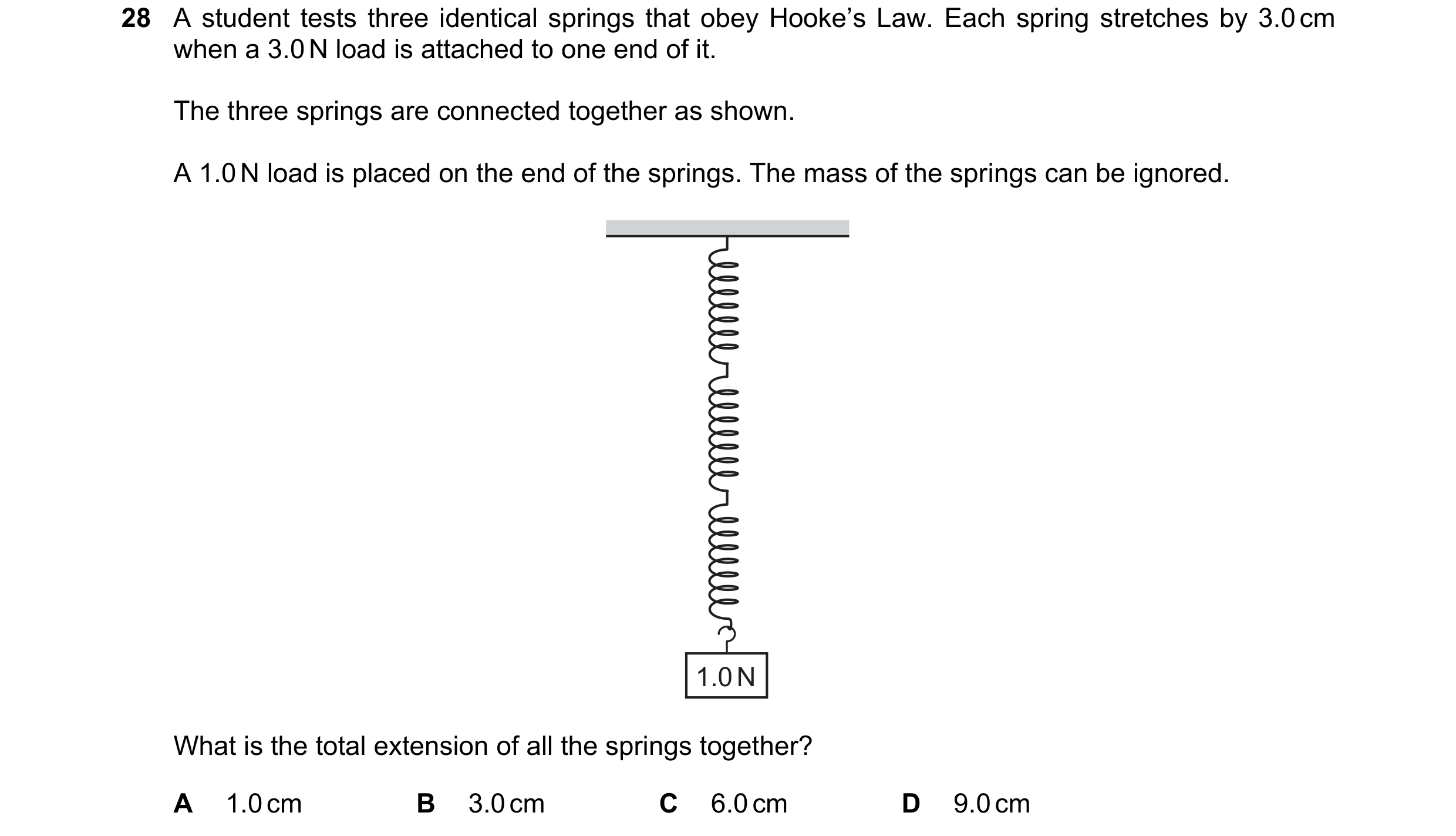 Question 38: A student tests three identical springs that obey Hooke’s Law. Each spring stretches by 3.0 cm when a 3.0 N load is attached to one end of …