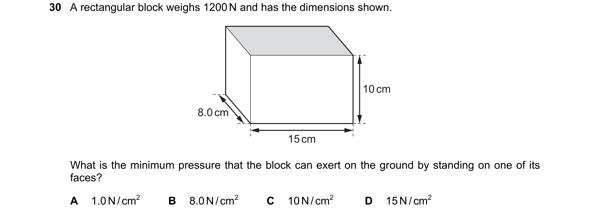 Question 14: A rectangular block weighs 1200 N and has the dimensions shown. 10 cm 8.0 cm 15 cm What is the minimum pressure that the block can exert on…