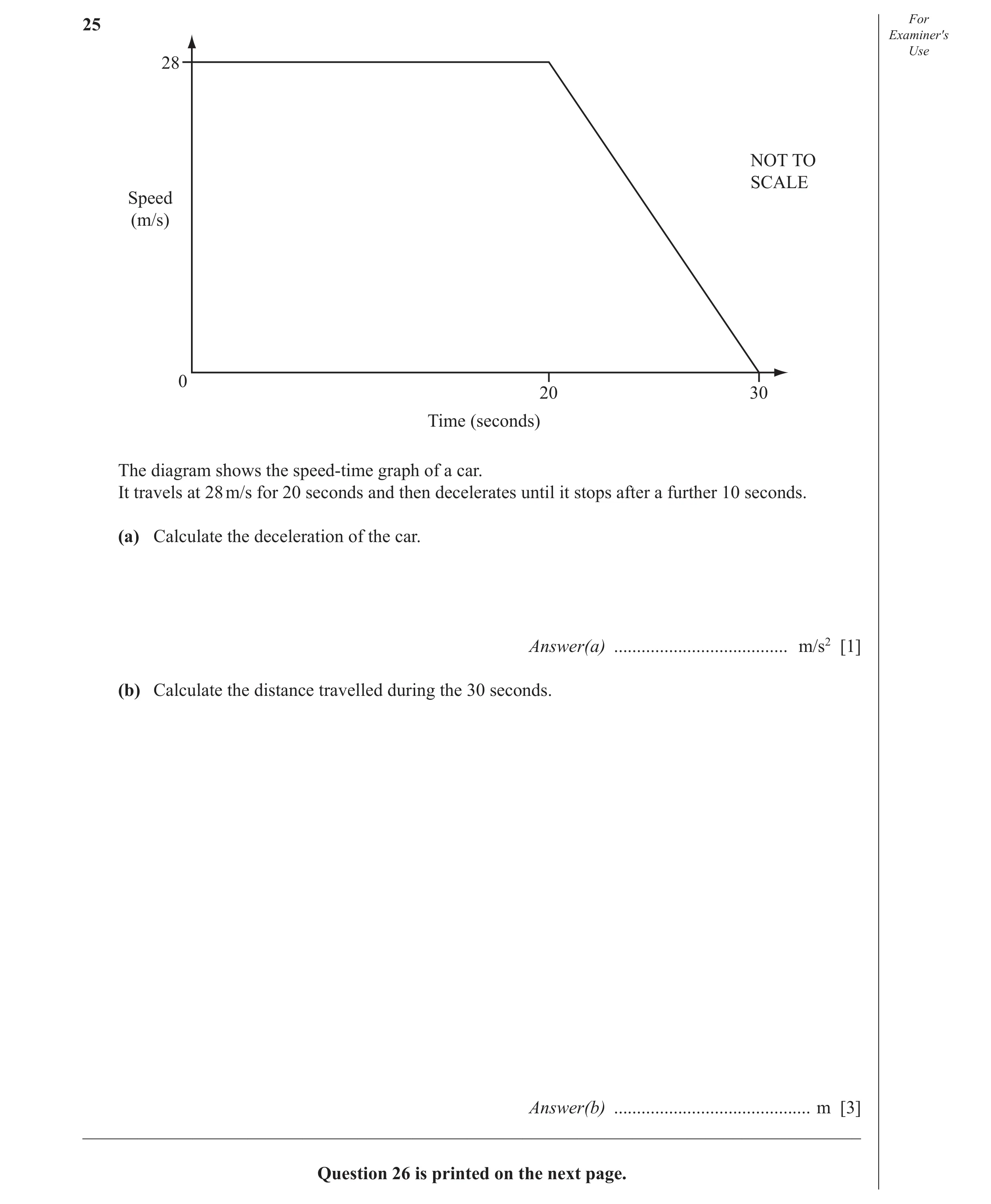 Question 21: For Examiner′s Use 28 NOT TO SCALE Speed (m/s) 0 20 30 Time (seconds) The diagram shows the speed-time graph of a car. It travels at 28 m/s…