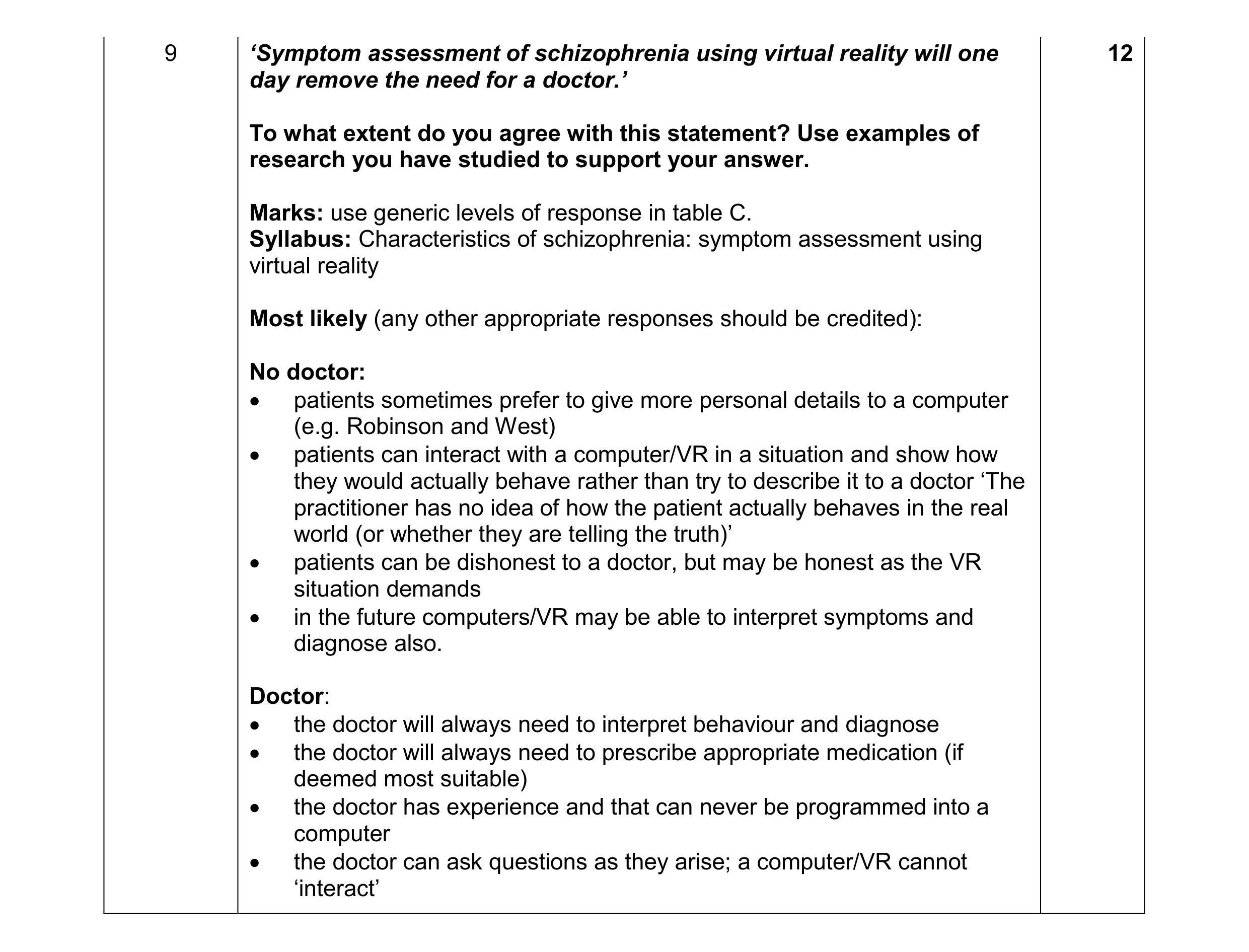 Mark scheme for question 10