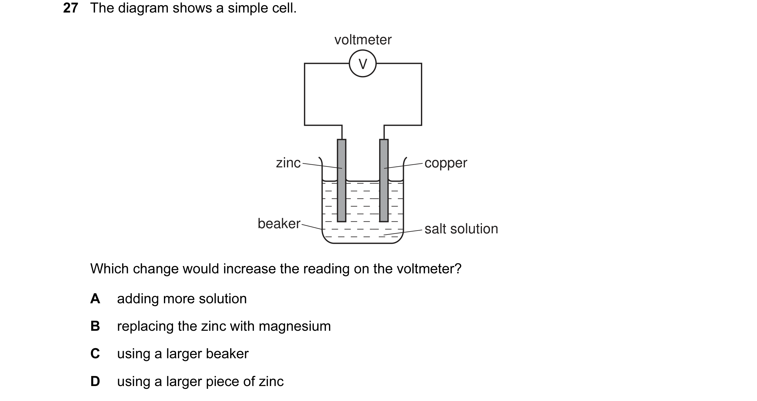 Question 7: The diagram shows a simple cell. voltmeter V zinc copper beaker salt solution Which change would increase the reading on the voltmeter? A a…