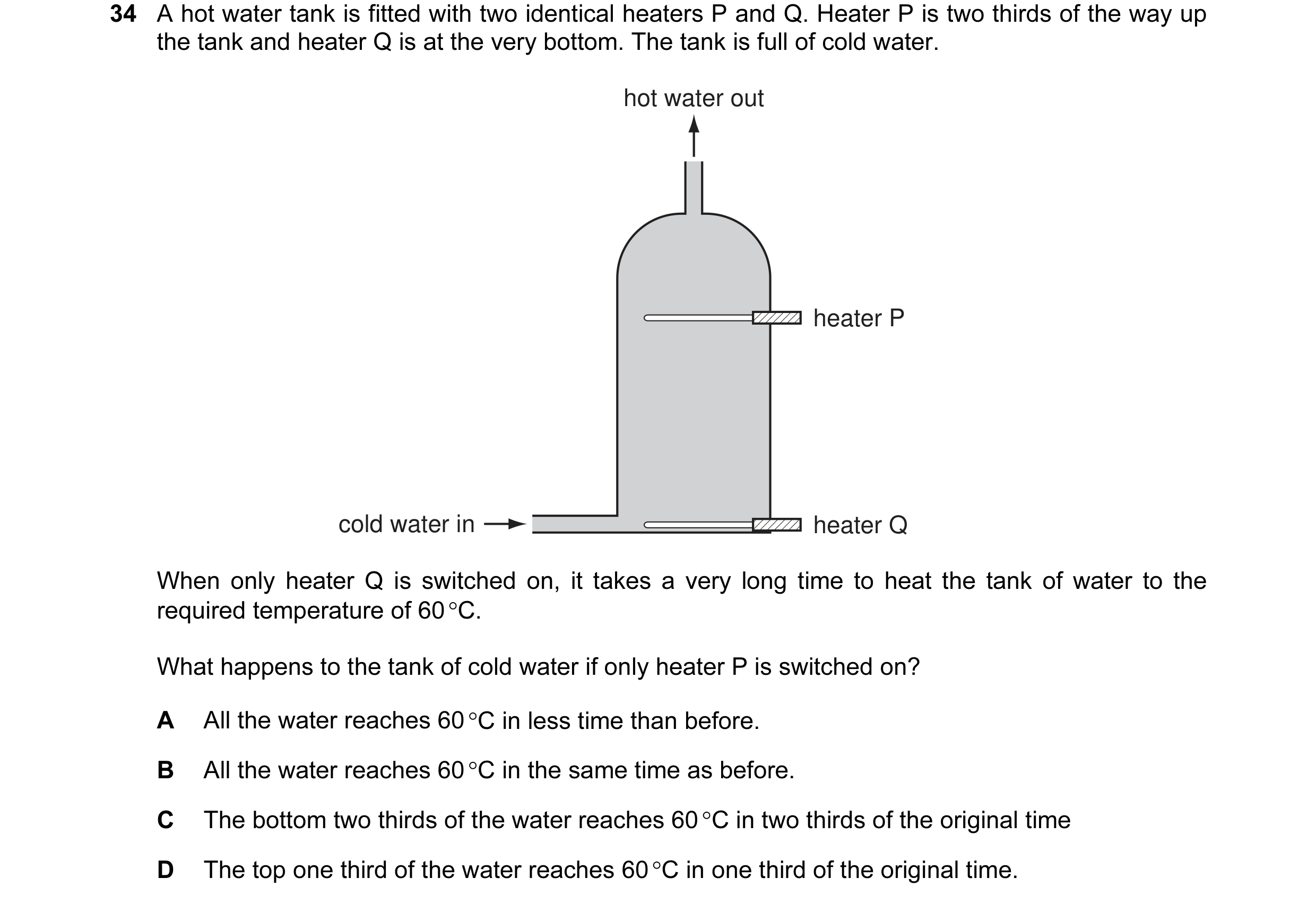 Question 9: A hot water tank is fitted with two identical heaters P and Q. Heater P is two thirds of the way up the tank and heater Q is at the very bo…