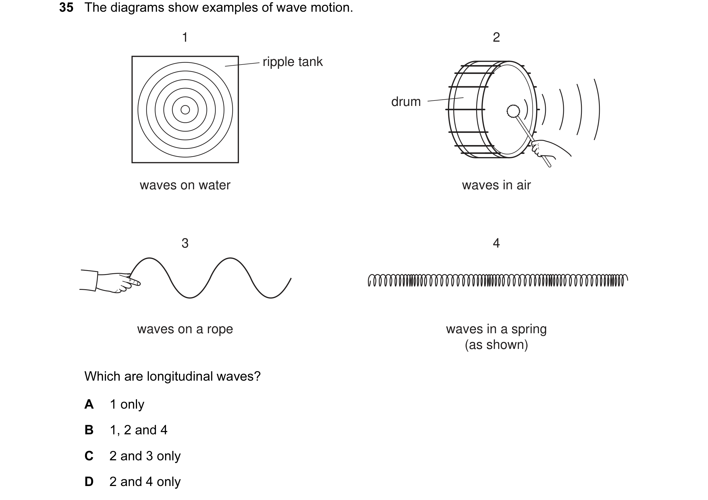 Question 6: The diagrams show examples of wave motion. 1 2 ripple tank drum waves on water waves in air 3 4 waves on a rope waves in a spring (as shown…