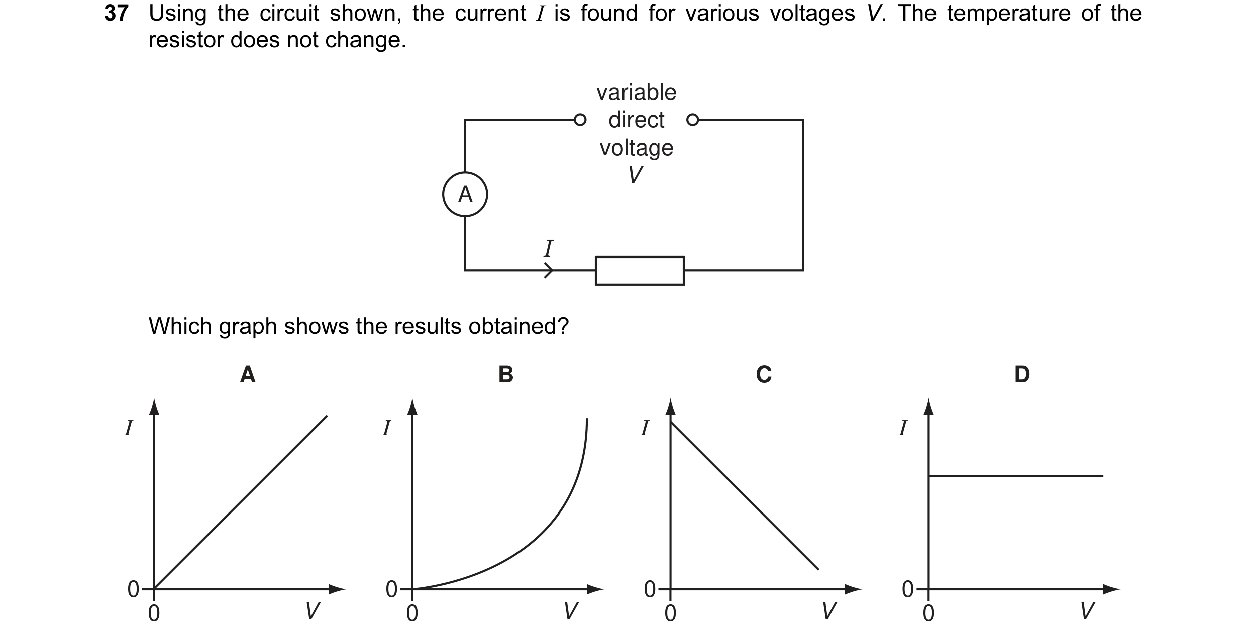 Question 7: Using the circuit shown, the current I is found for various voltages V. The temperature of the resistor does not change. variable direct vo…