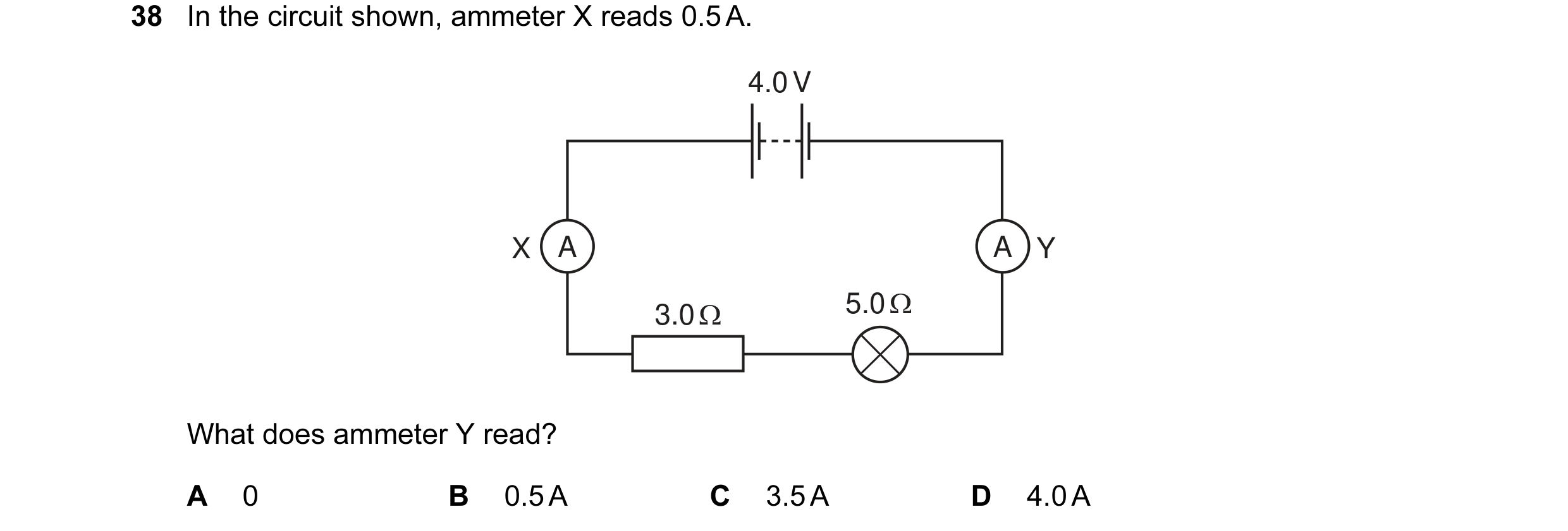 Question 11: In the circuit shown, ammeter X reads 0.5 A. 4.0 V X A A Y 3.0 Ω 5.0 Ω What does ammeter Y read? A 0 B 0.5 A C 3.5 A D 4.0 A