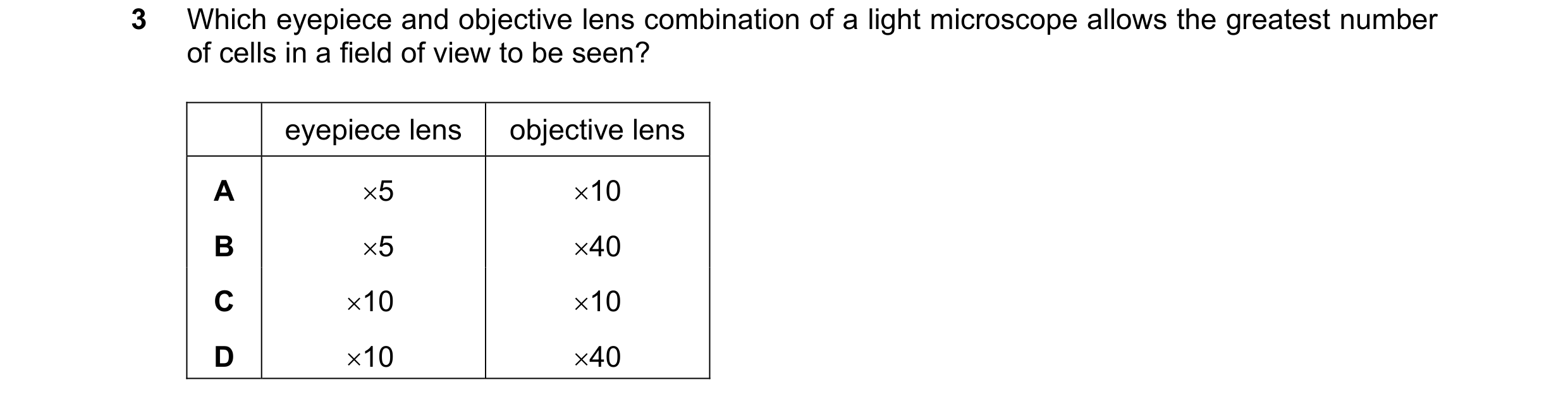 Question 110: Which eyepiece and objective lens combination of a light microscope allows the greatest number of cells in a field of view to be seen? eyep…