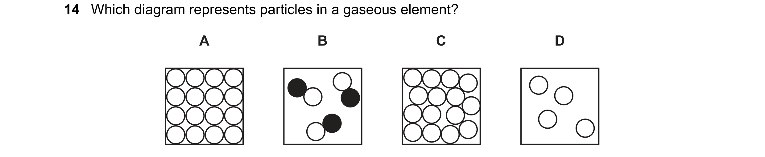 Question 25: Which diagram represents particles in a gaseous element? A B C D
