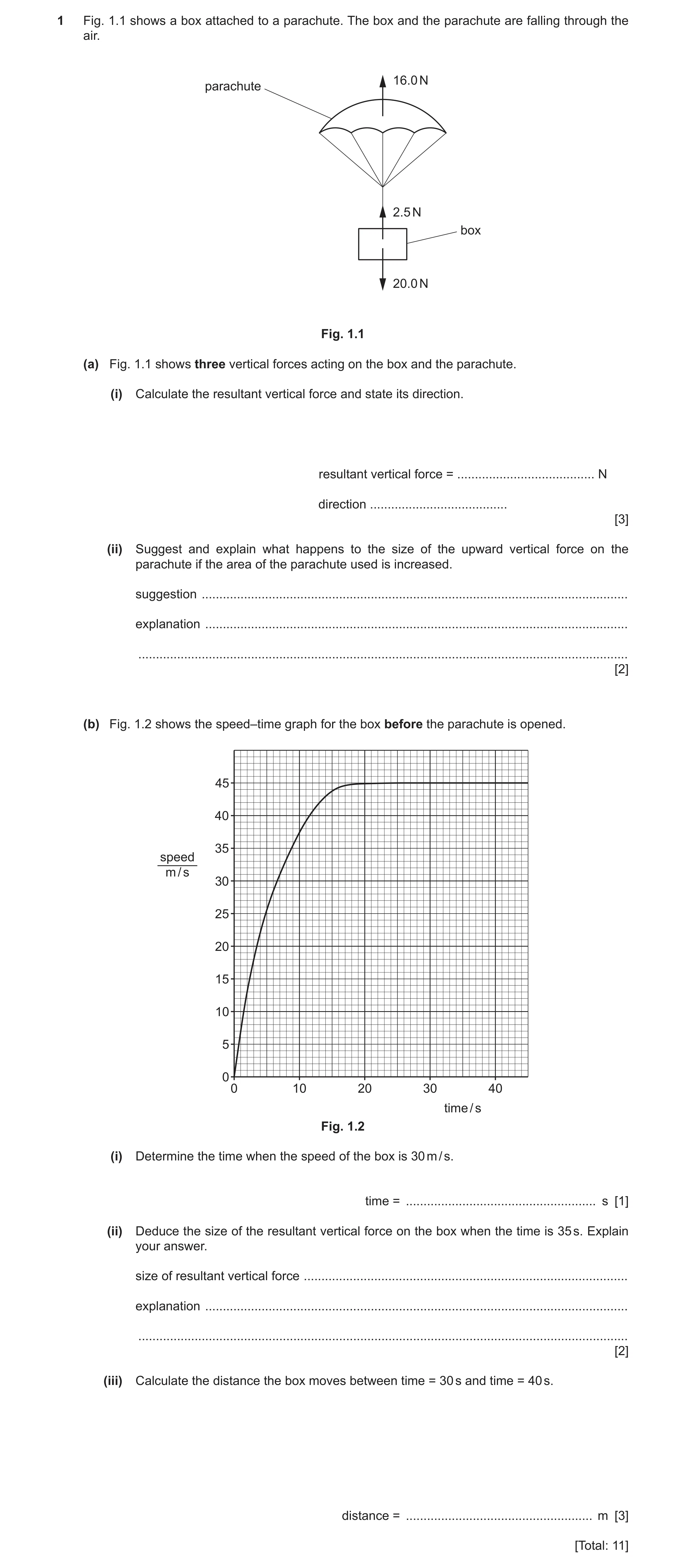 Question 29: Fig. 1.1 shows a box attached to a parachute. The box and the parachute are falling through the air. 16.0 N parachute 2.5 N box 20.0 N Fig.…