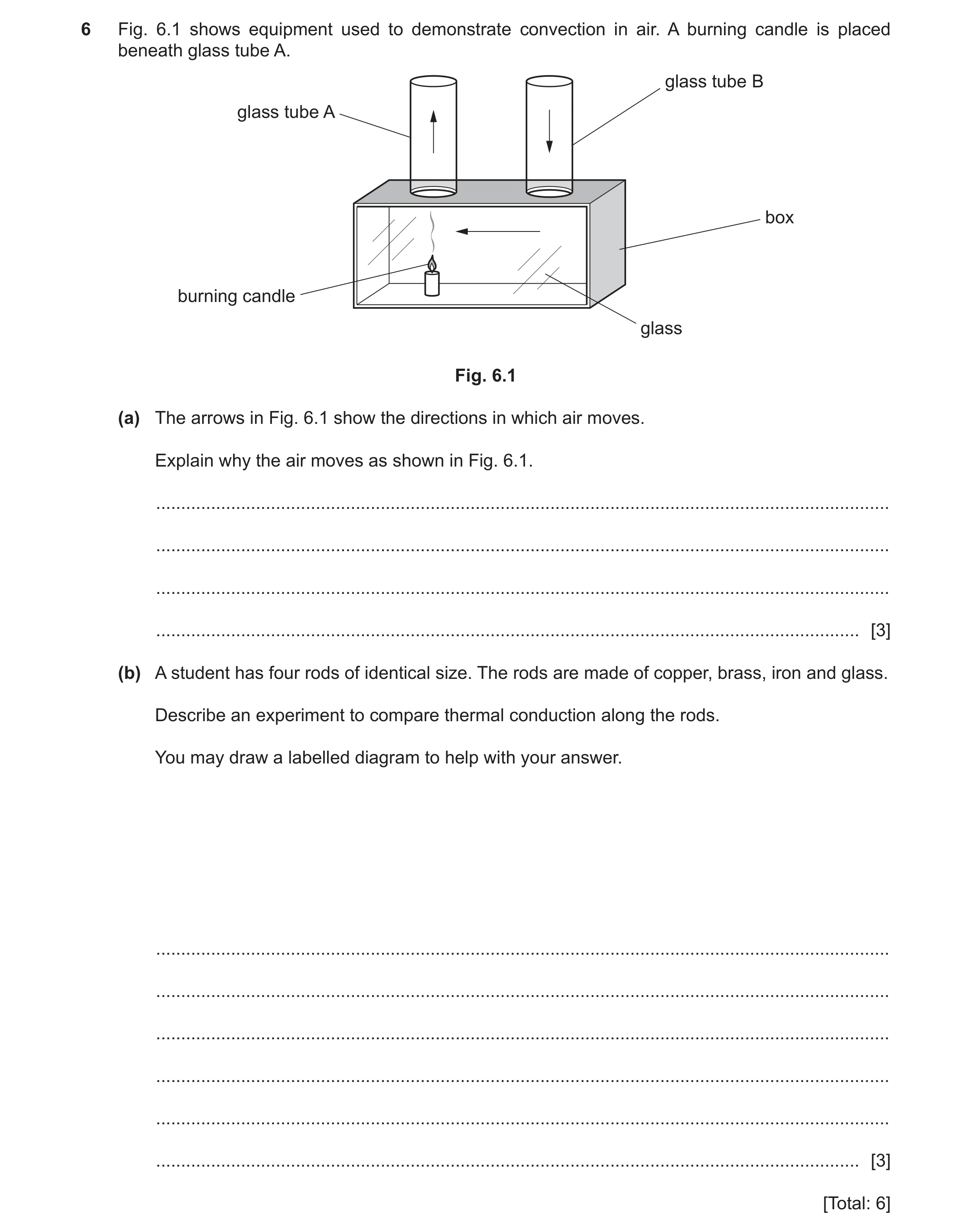 Question 14: Fig. 6.1 shows equipment used to demonstrate convection in air. A burning candle is placed beneath glass tube A. glass tube B glass tube A …