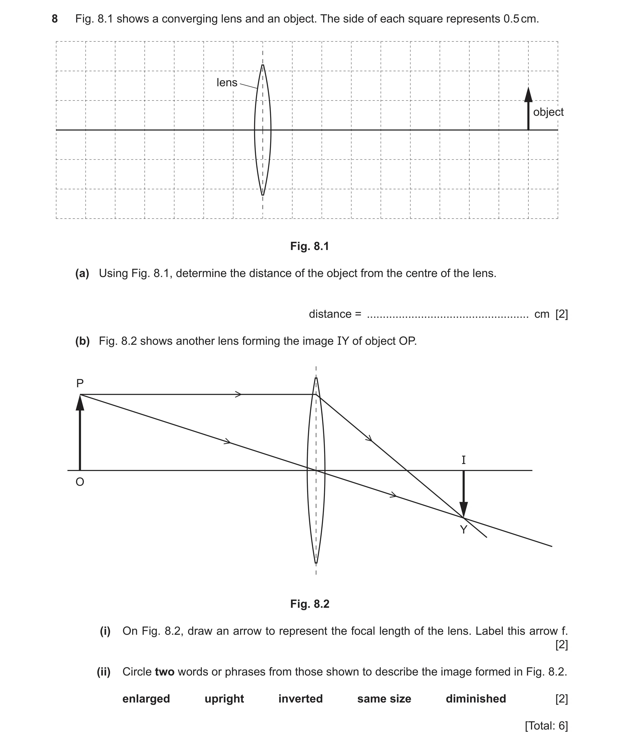 Question 23: Fig. 8.1 shows a converging lens and an object. The side of each square represents 0.5 cm. lens object Fig. 8.1 (a) Using Fig. 8.1, determi…