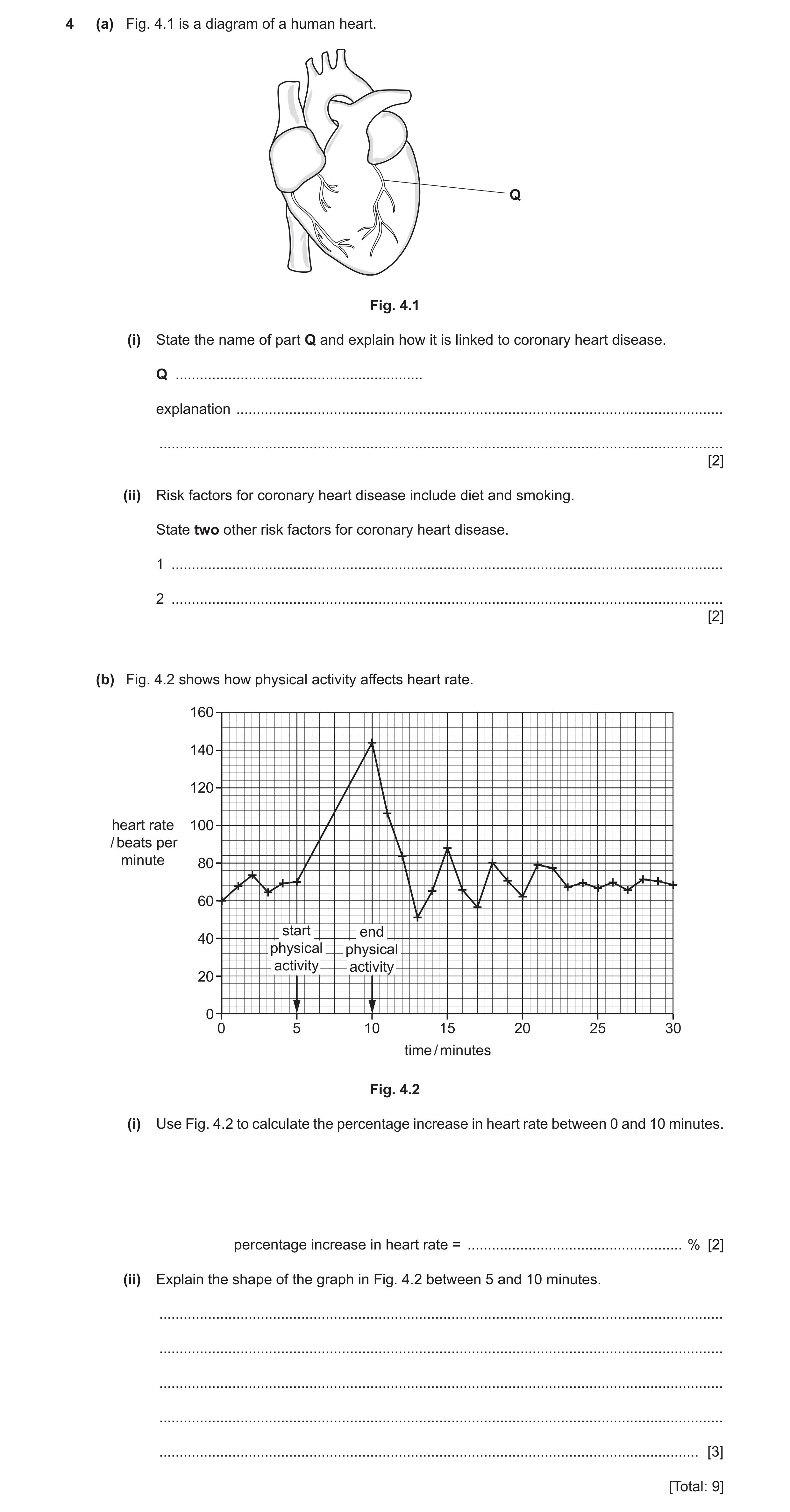 Question 15: (a) Fig. 4.1 is a diagram of a human heart. Q Fig. 4.1 (i) State the name of part Q and explain how it is linked to coronary heart disease.…