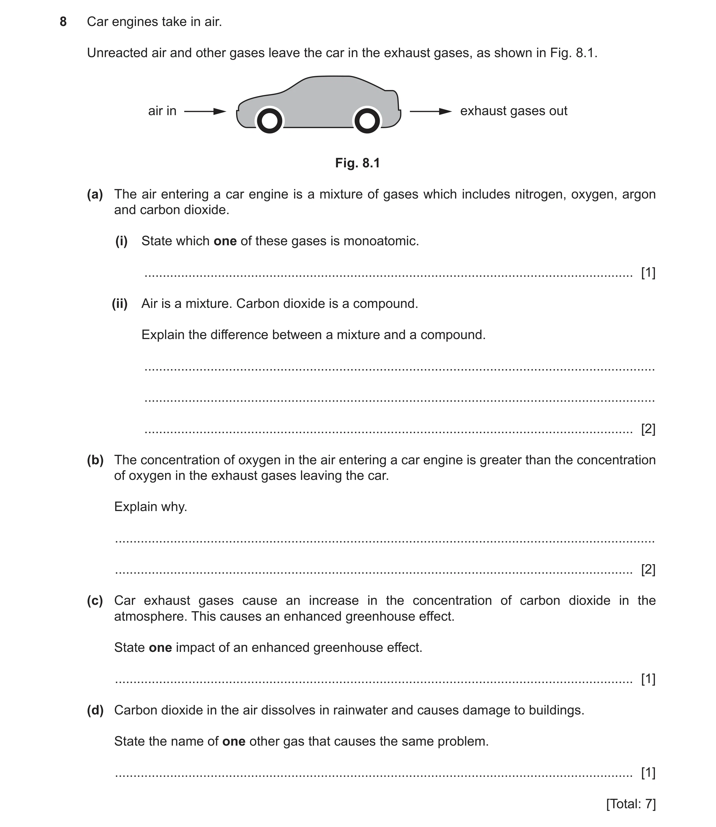 Question 21: Car engines take in air. Unreacted air and other gases leave the car in the exhaust gases, as shown in Fig. 8.1. air in exhaust gases out F…