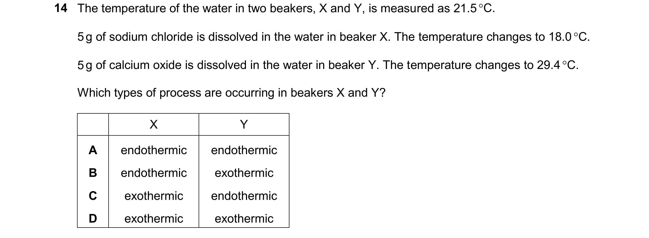 Question 26: The temperature of the water in two beakers, X and Y, is measured as 21.5 C. 5 g of sodium chloride is dissolved in the water in beaker X.…