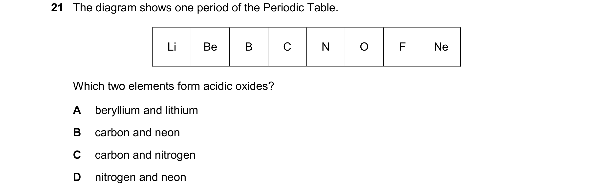 Question 26: The diagram shows one period of the Periodic Table. Li Be B C N O F Ne Which two elements form acidic oxides? A beryllium and lithium B car…