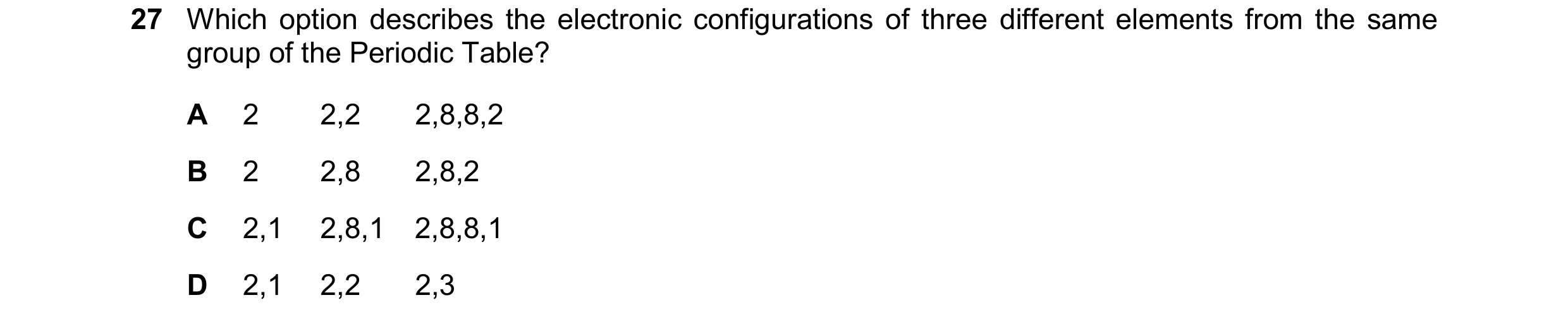 Question 20: Which option describes the electronic configurations of three different elements from the same group of the Periodic Table? A 2 2,2 2,8,8,2…
