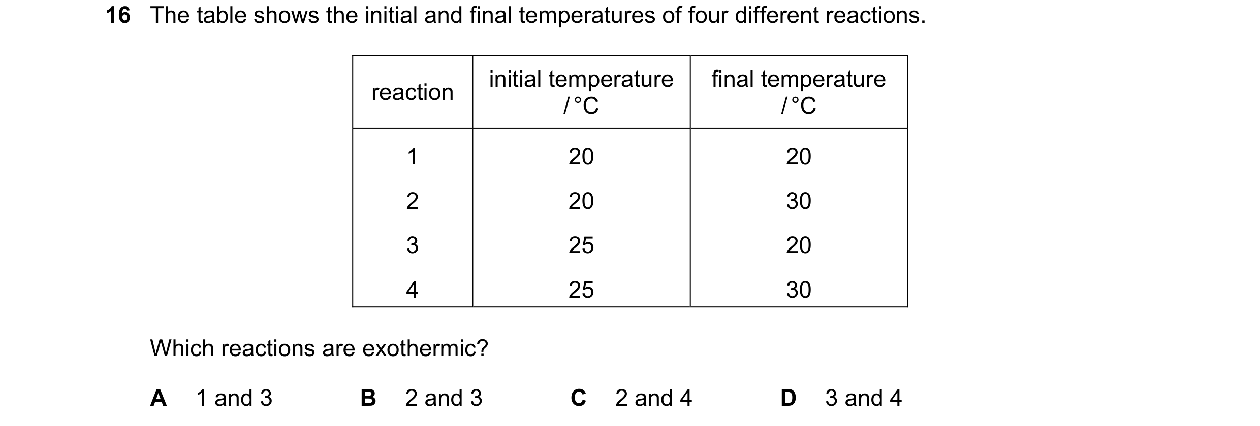 Question 14: The table shows the initial and final temperatures of four different reactions. initial temperature final temperature reaction / °C / °C 1 …