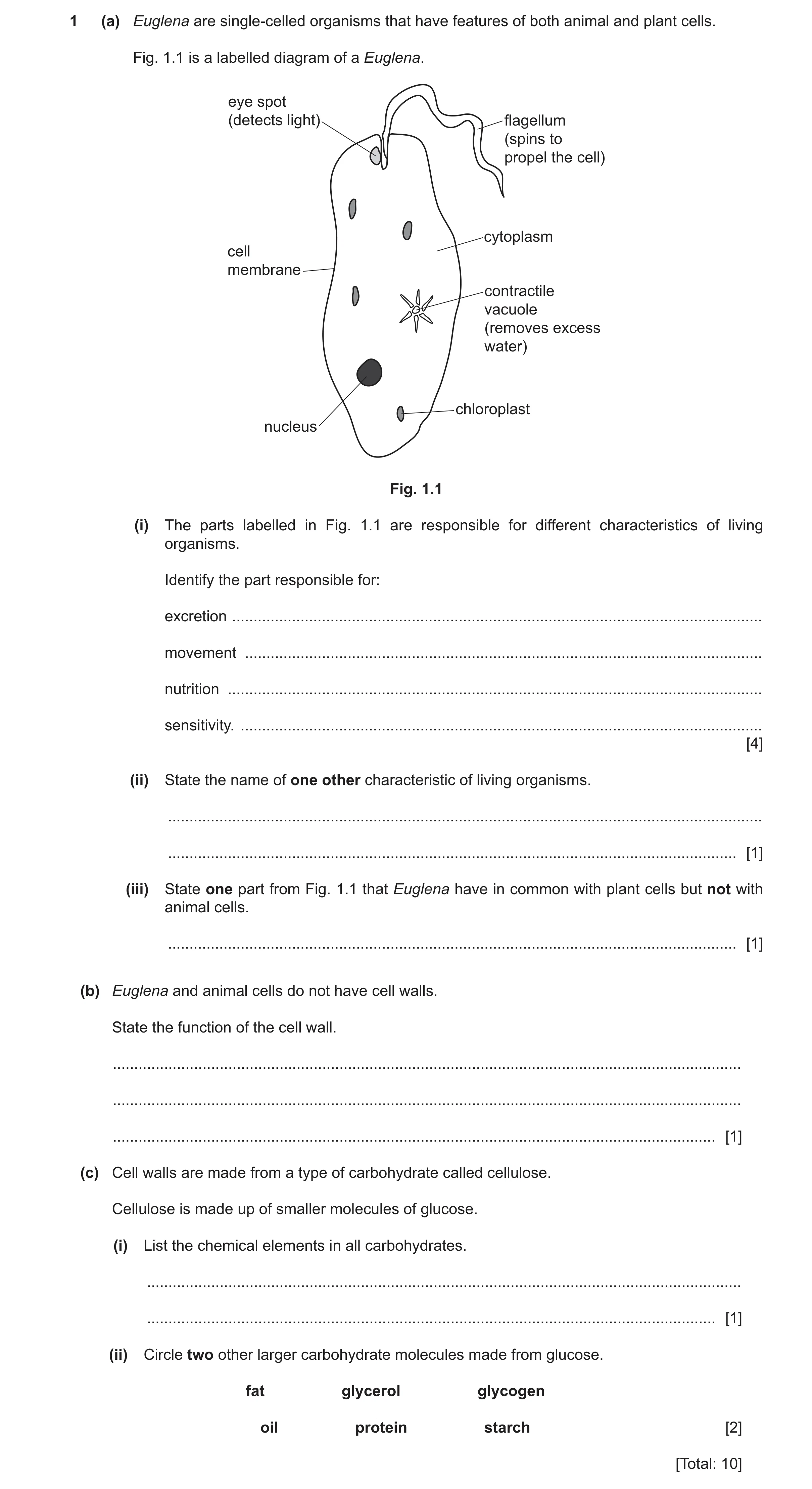 Question 22: (a) Euglena are single-celled organisms that have features of both animal and plant cells. Fig. 1.1 is a labelled diagram of a Euglena. eye…
