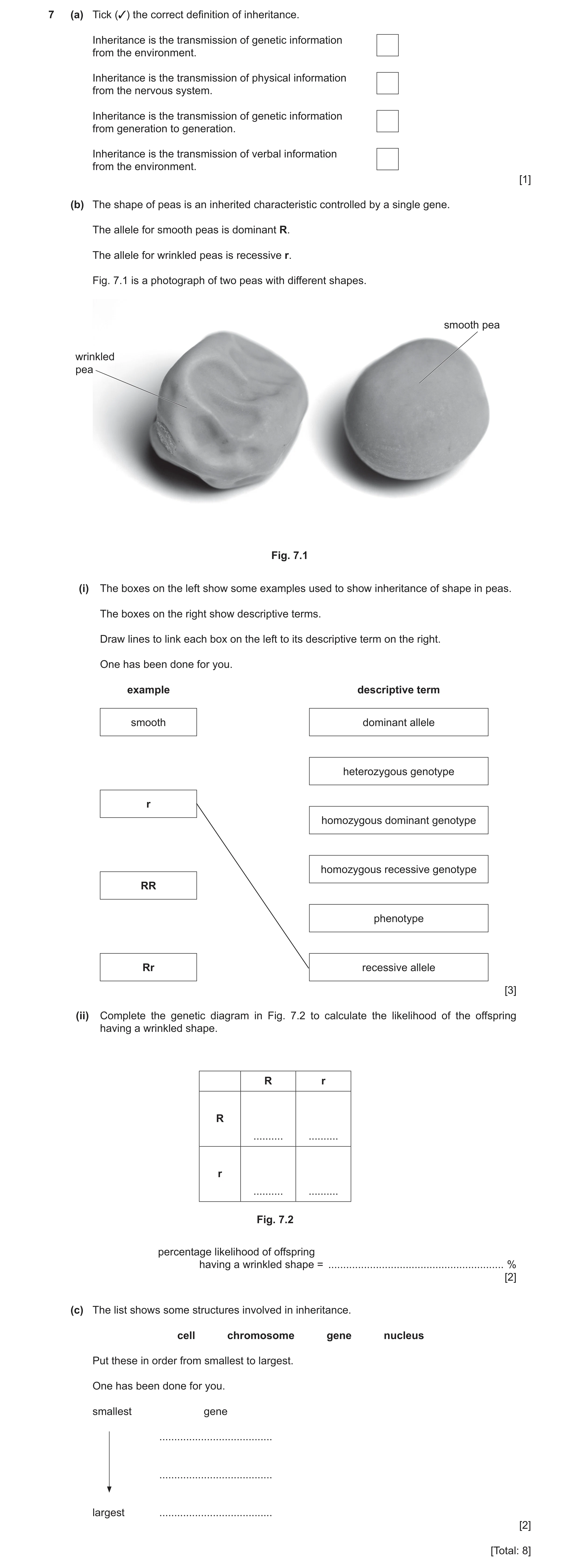Question 13: (a) Tick (3) the correct definition of inheritance. Inheritance is the transmission of genetic information from the environment. Inheritanc…