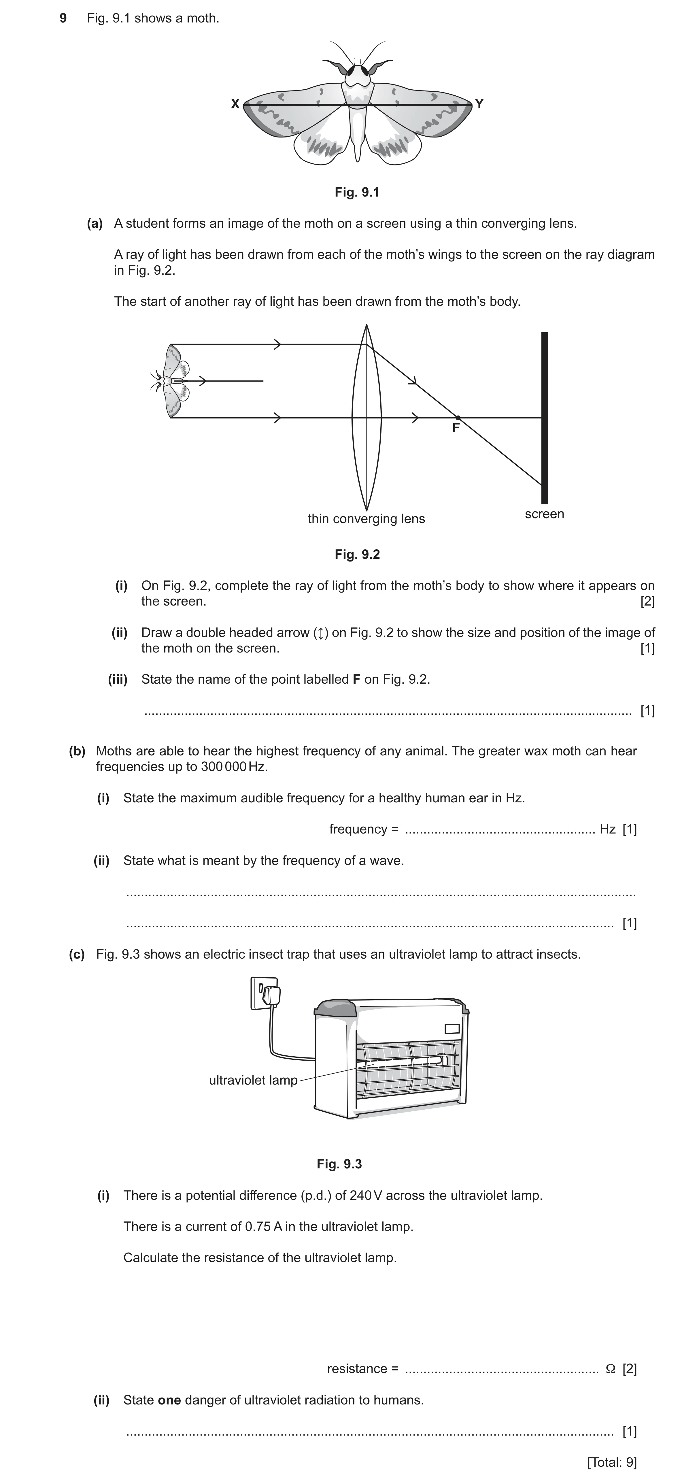 Question 38: Fig. 9.1 shows a moth. X Y Fig. 9.1 (a) A student forms an image of the moth on a screen using a thin converging lens. A ray of light has b…