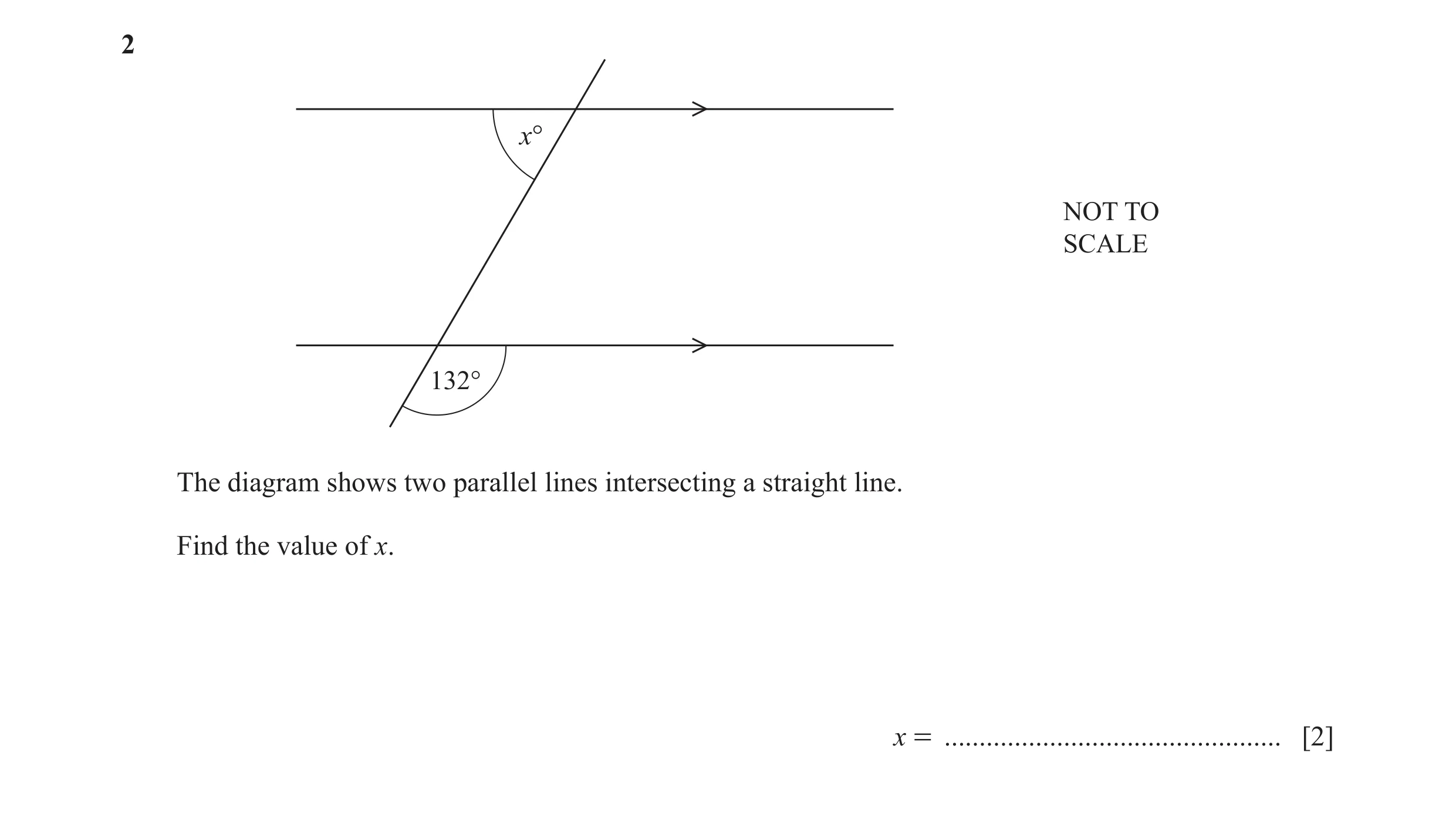 Question 52: x° NOT TO SCALE 132° The diagram shows two parallel lines intersecting a straight line. Find the value of x. x = ..........................…