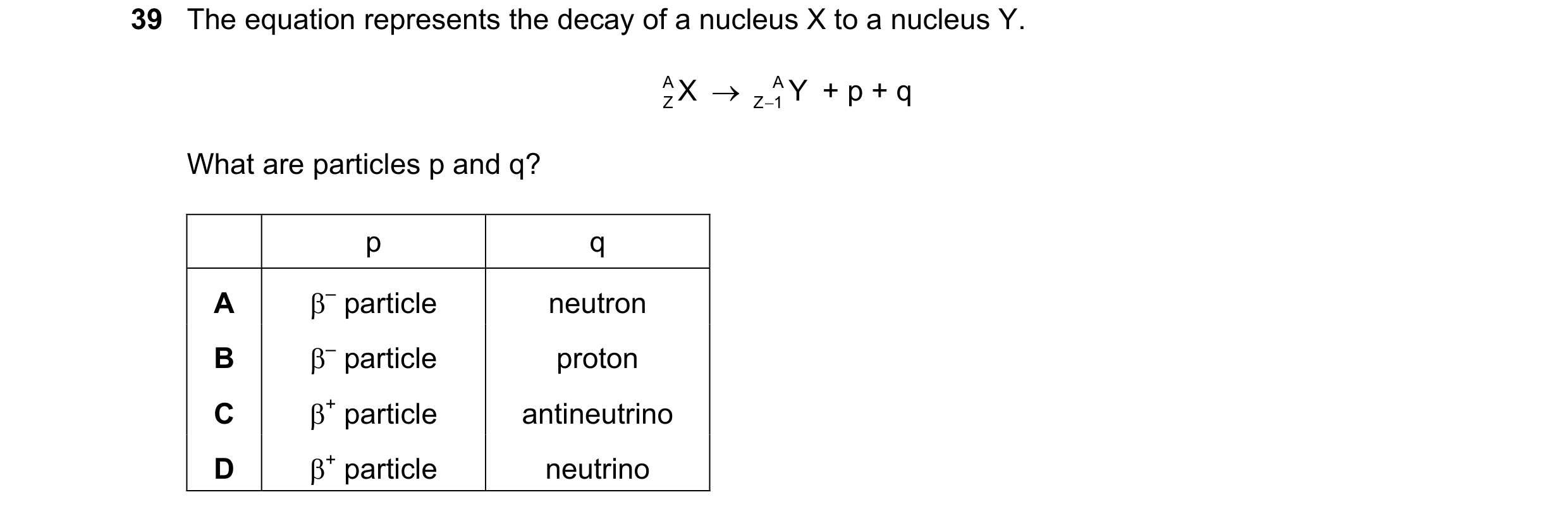 Question 56: The equation represents the decay of a nucleus X to a nucleus Y. A ZX → Z 1 Y A + p + q − What are particles p and q? p q A β– particle ne…