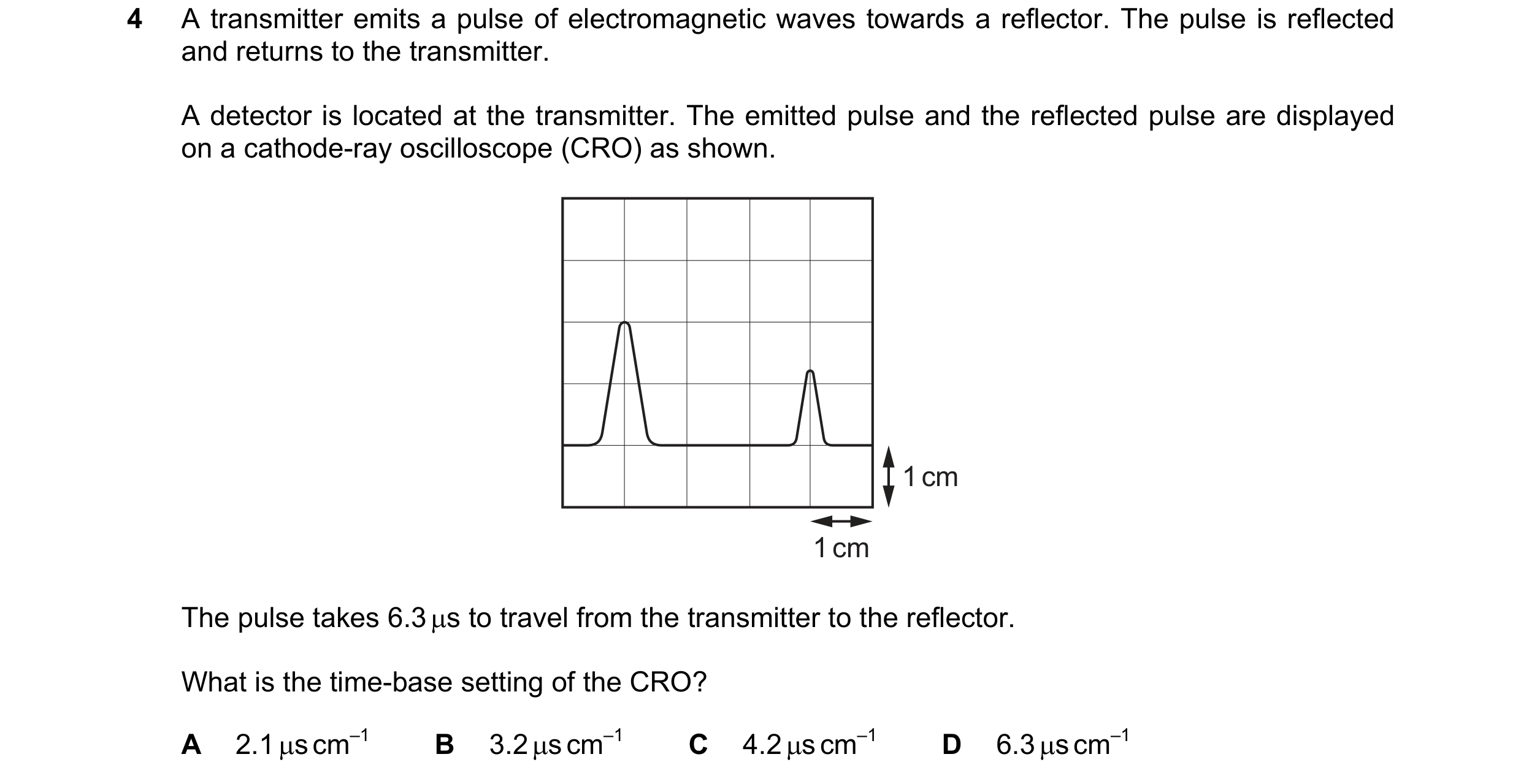 Question 69: A transmitter emits a pulse of electromagnetic waves towards a reflector. The pulse is reflected and returns to the transmitter. A detector…