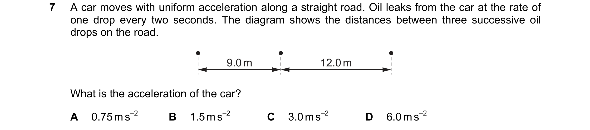Question 155: A car moves with uniform acceleration along a straight road. Oil leaks from the car at the rate of one drop every two seconds. The diagram …