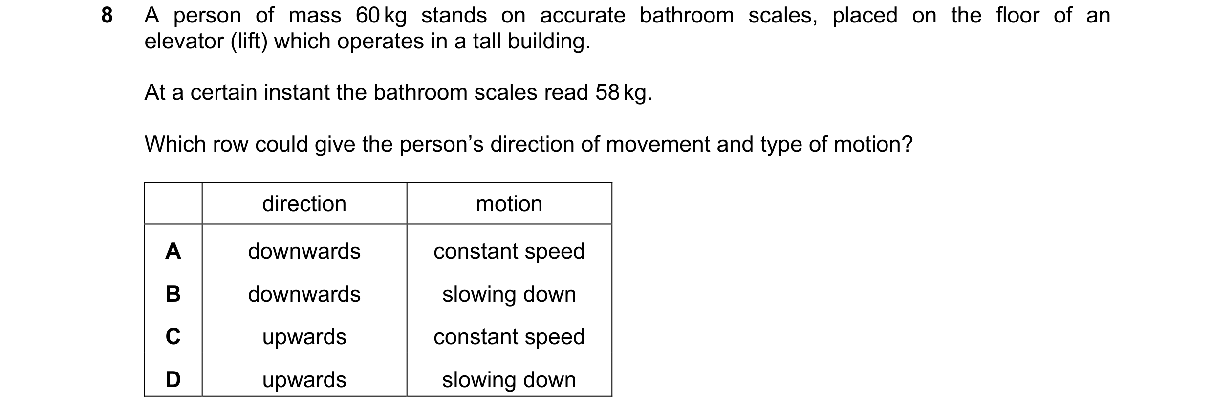 Question 110: A person of mass 60 kg stands on accurate bathroom scales, placed on the floor of an elevator (lift) which operates in a tall building. At …
