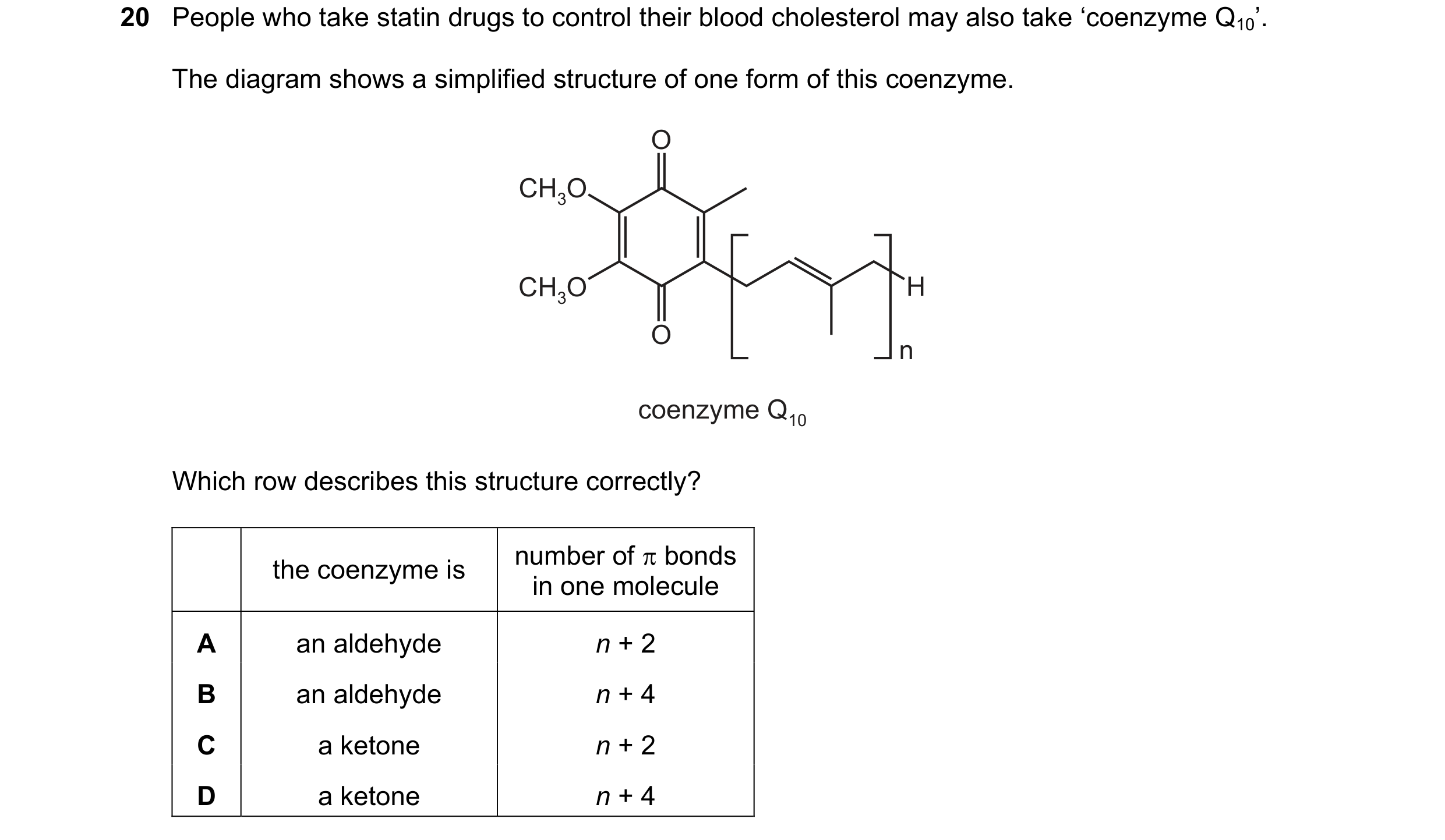 Question 122: People who take statin drugs to control their blood cholesterol may also take ‘coenzyme Q10’. The diagram shows a simplified structure of o…