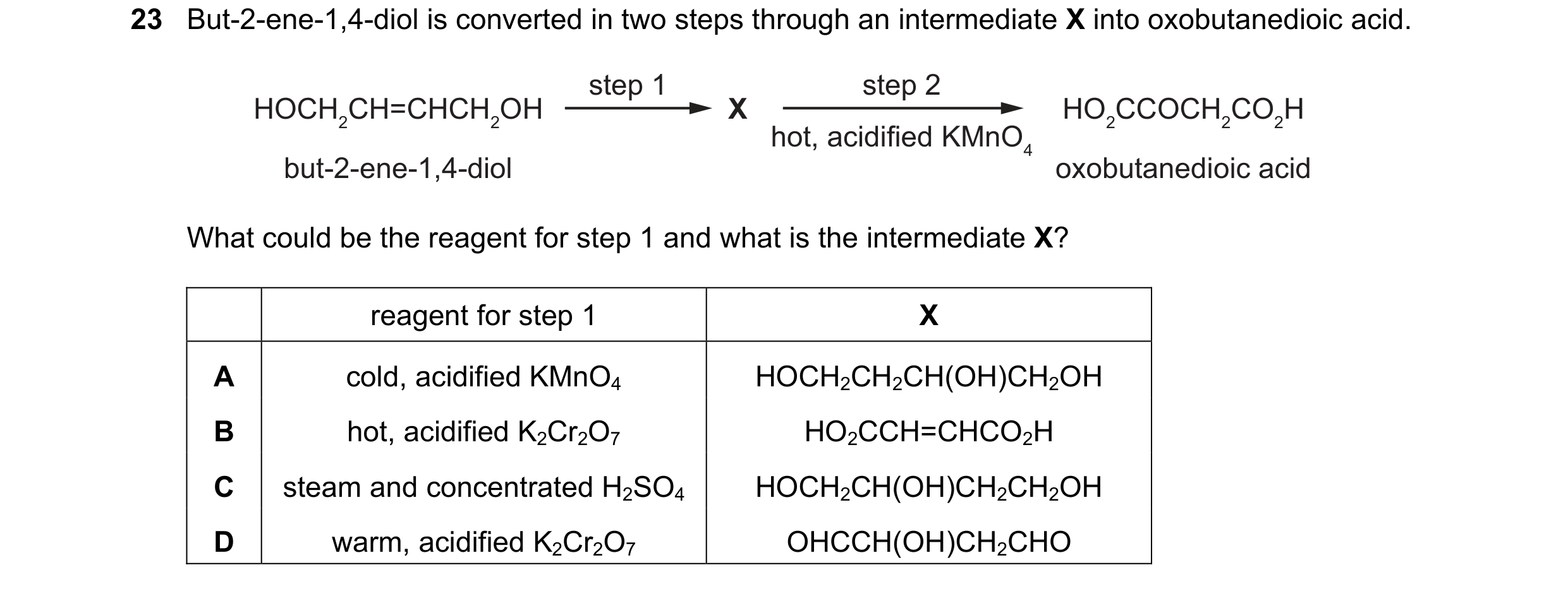 Question 156: But-2-ene-1,4-diol is converted in two steps through an intermediate X into oxobutanedioic acid. step 1 step 2 HOCH2CH=CHCH2OH X HO2CCOCH2C…